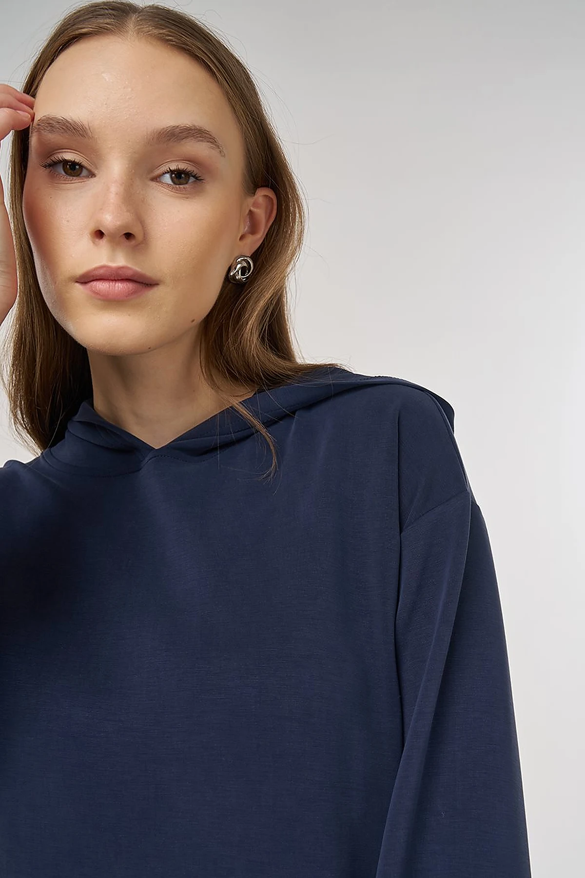 Hooded Skirted Two-Piece Suit in Navy Blue