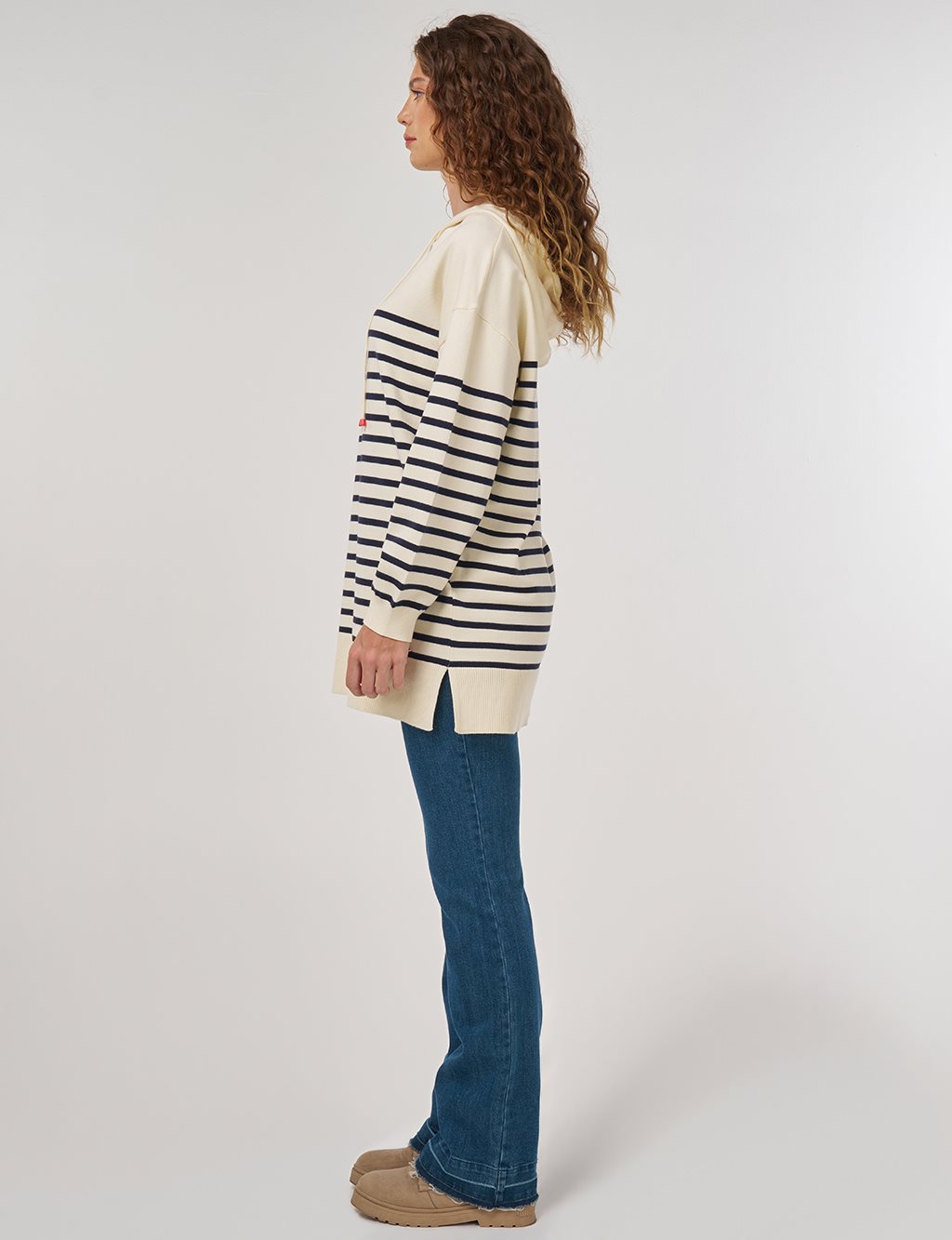 Çizgi Desen Viskon Triko Tunik Ekru