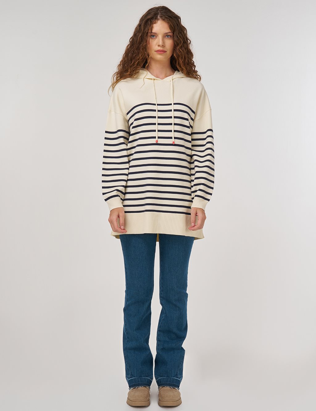 Çizgi Desen Viskon Triko Tunik Ekru