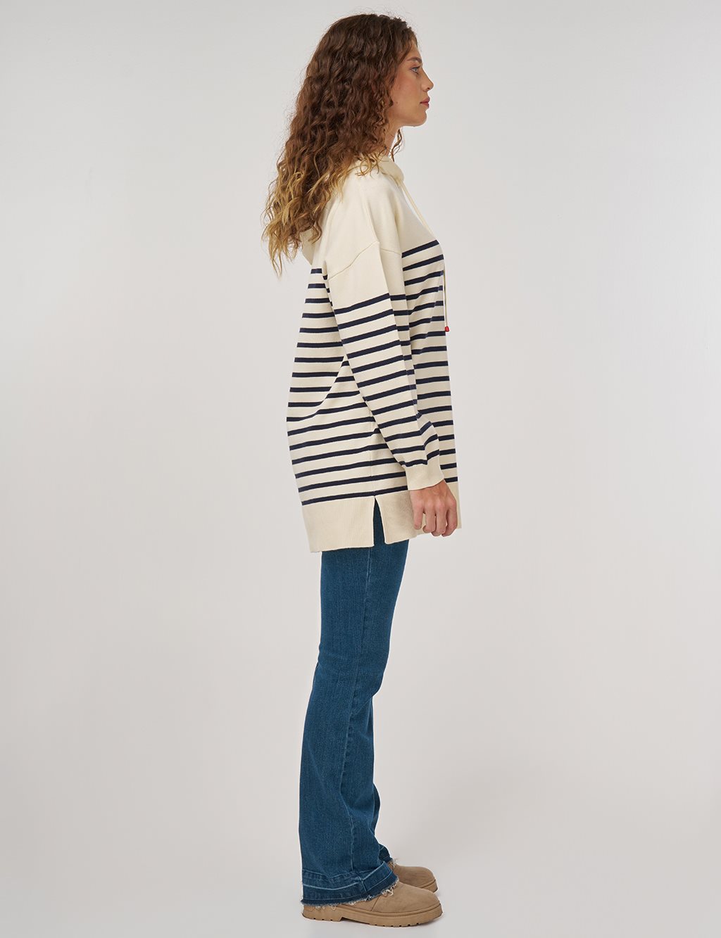 Çizgi Desen Viskon Triko Tunik Ekru