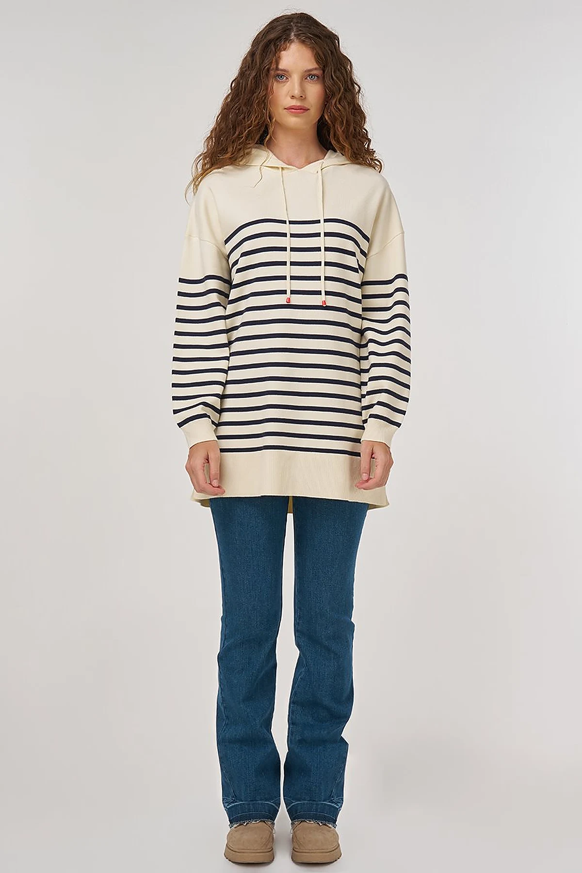 Striped Viscose Knit Tunic in Ecru