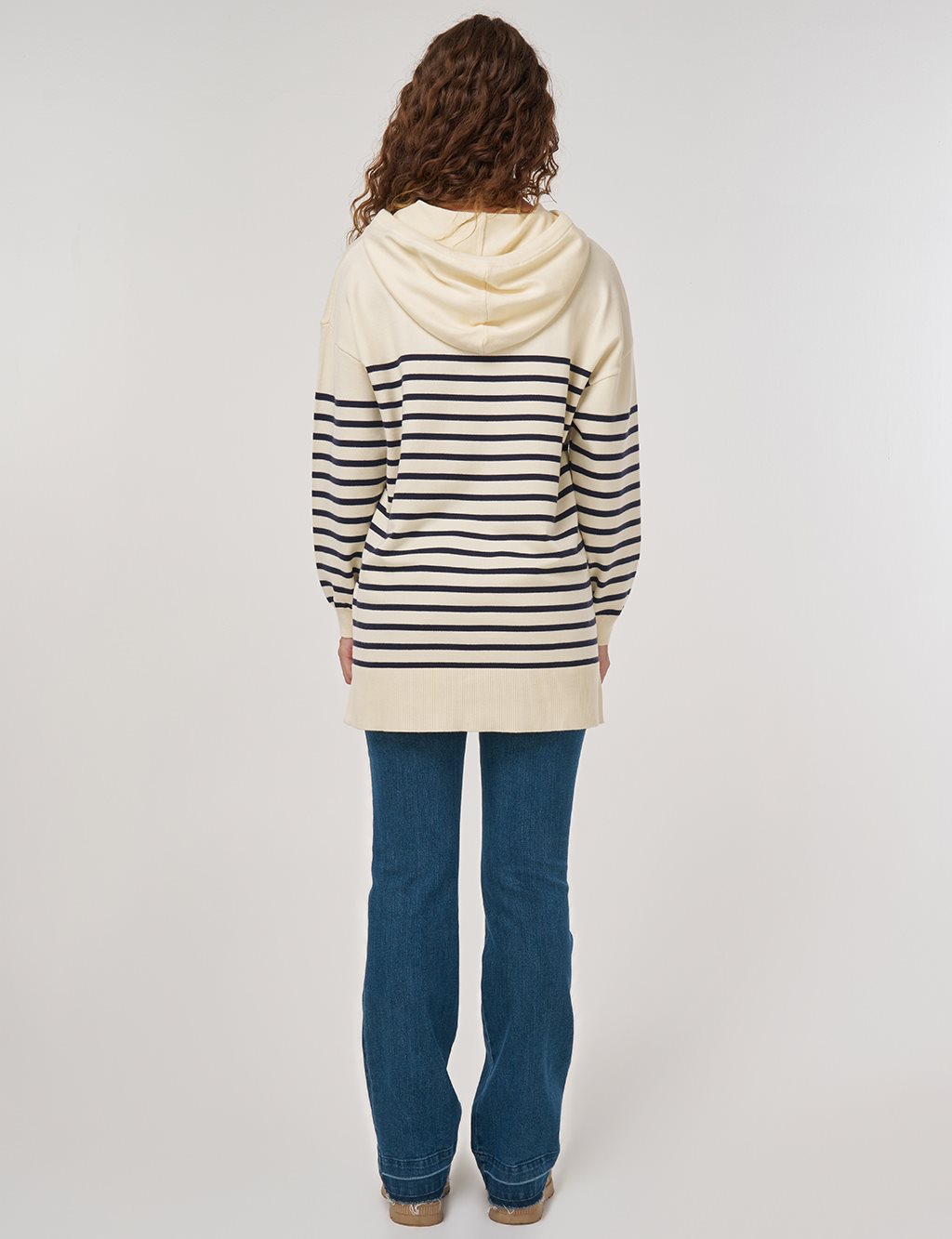 Çizgi Desen Viskon Triko Tunik Ekru
