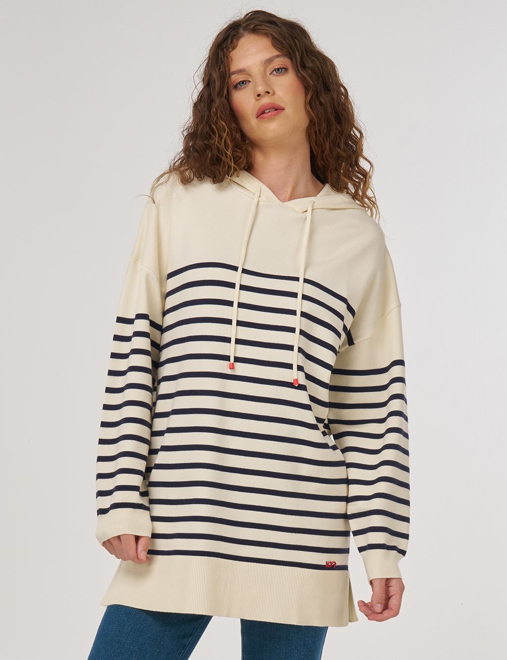 Çizgi Desen Viskon Triko Tunik Ekru