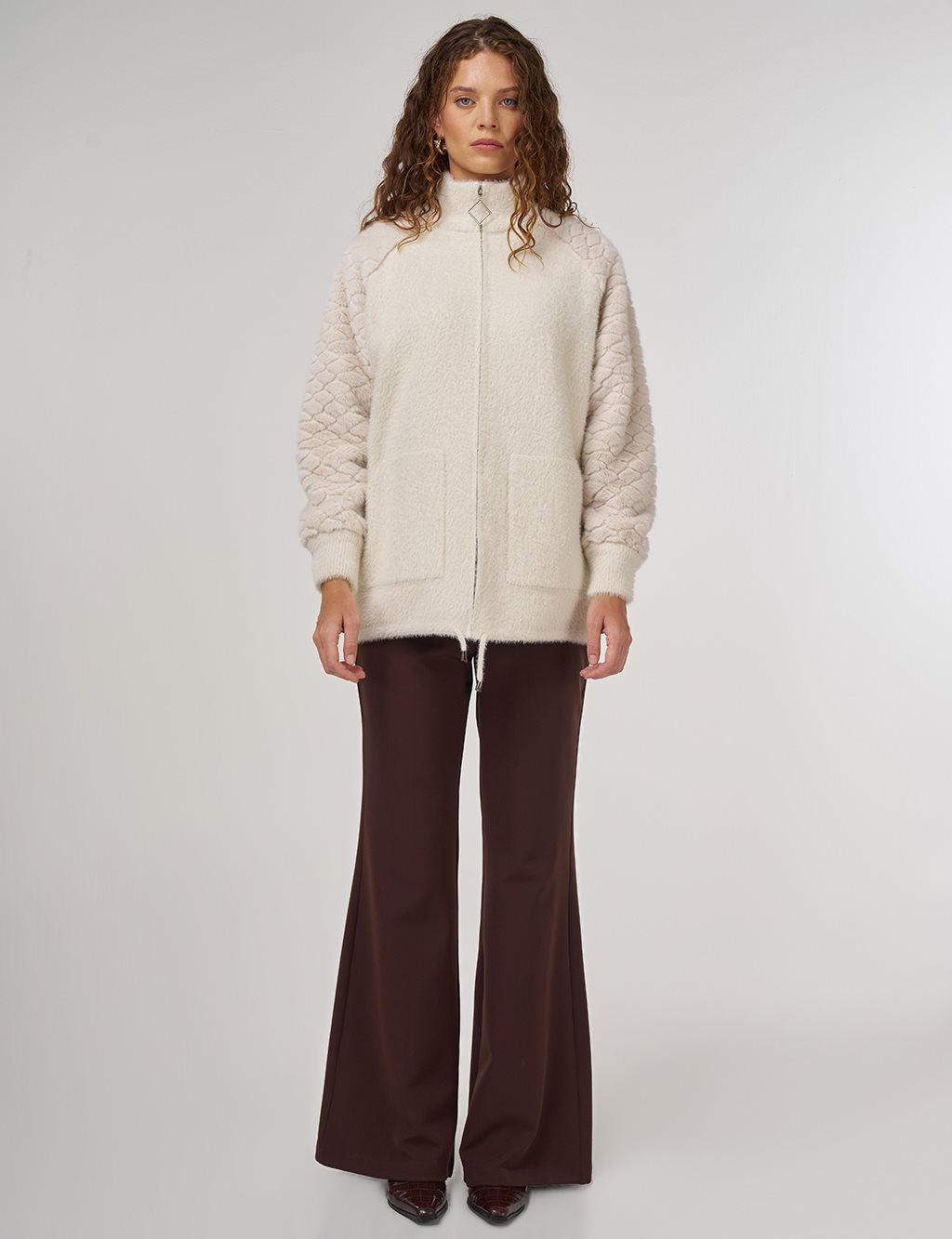 Peluş Garnili Triko Ceket Krem 