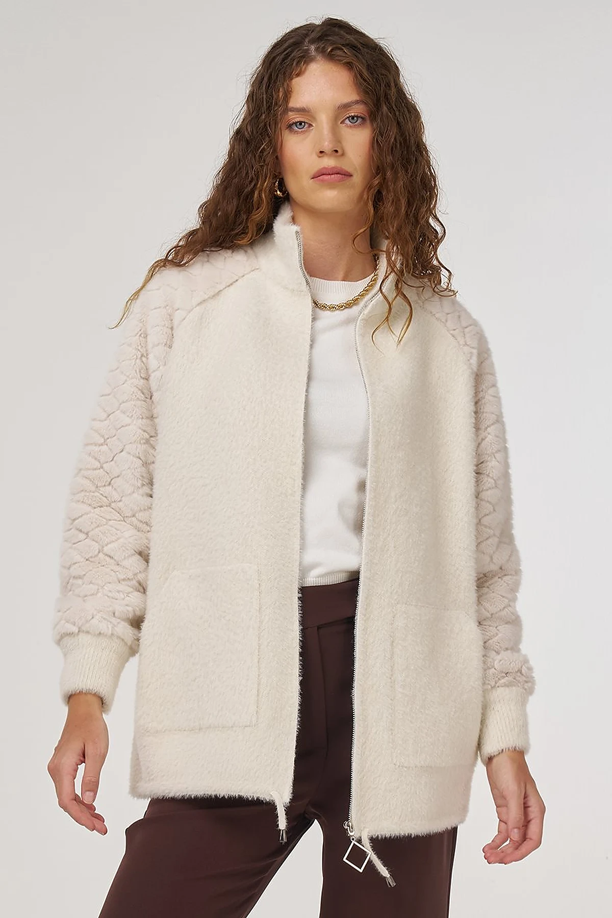 Knit Jacket with Plush Trim in Cream