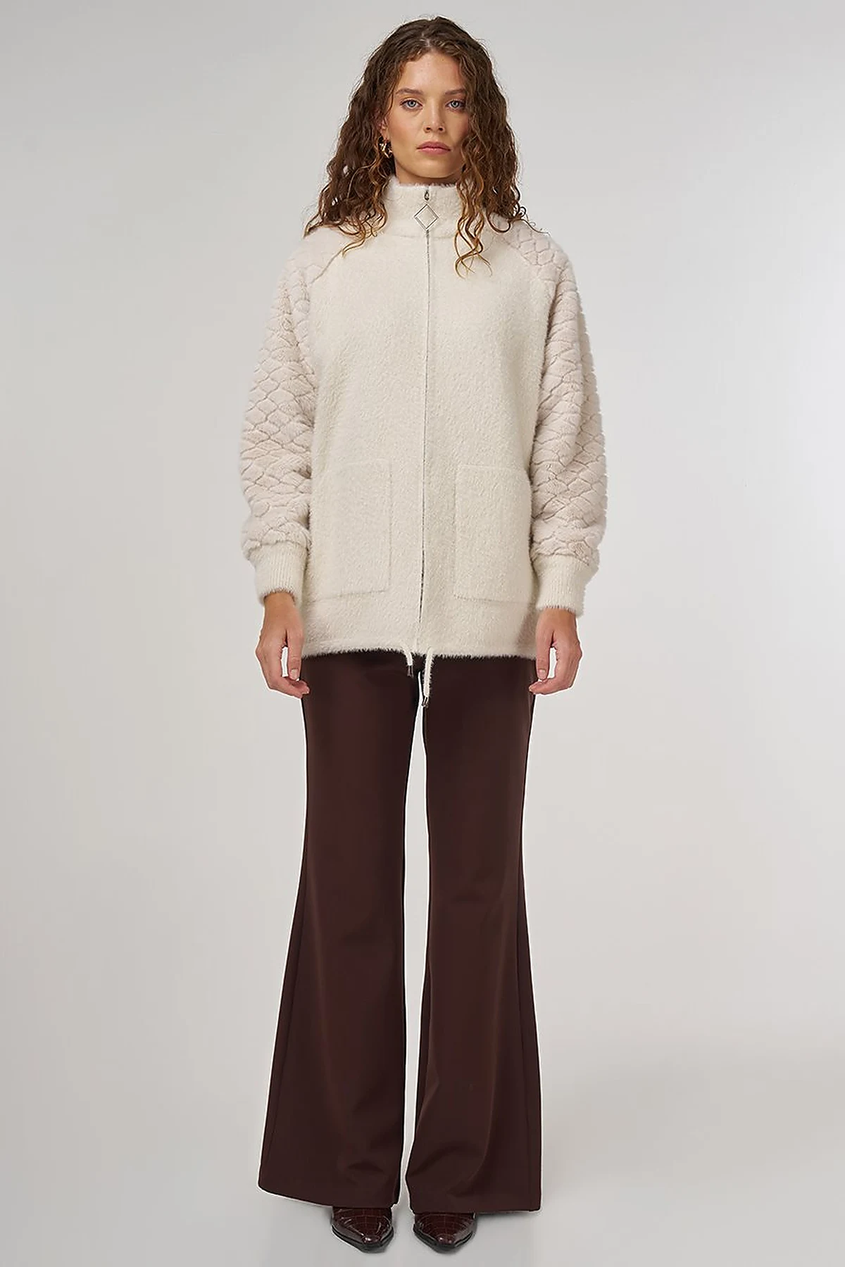 Knit Jacket with Plush Trim in Cream