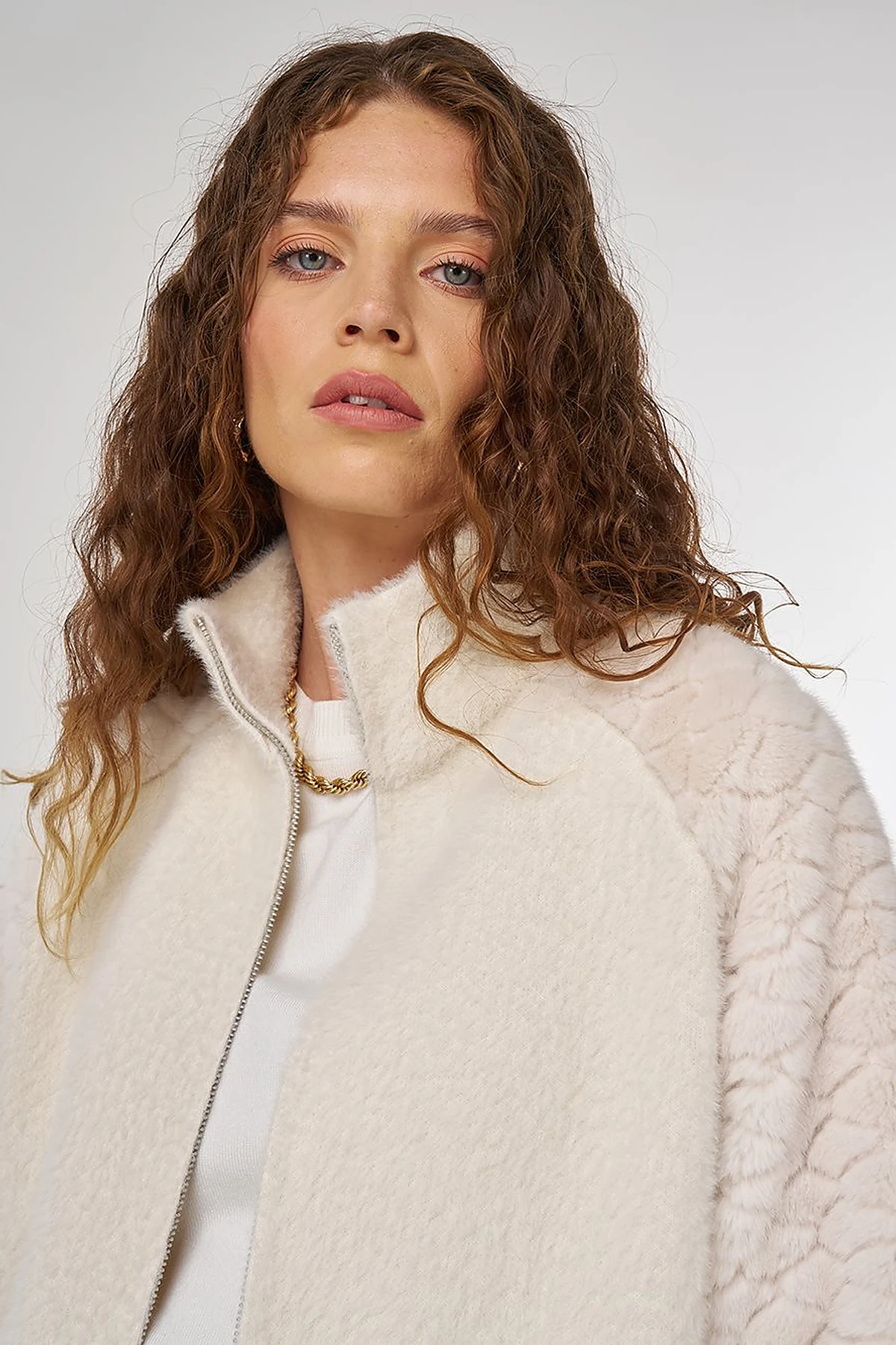 Knit Jacket with Plush Trim in Cream
