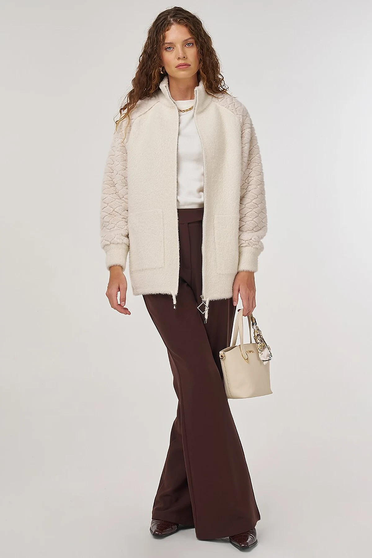 Knit Jacket with Plush Trim in Cream