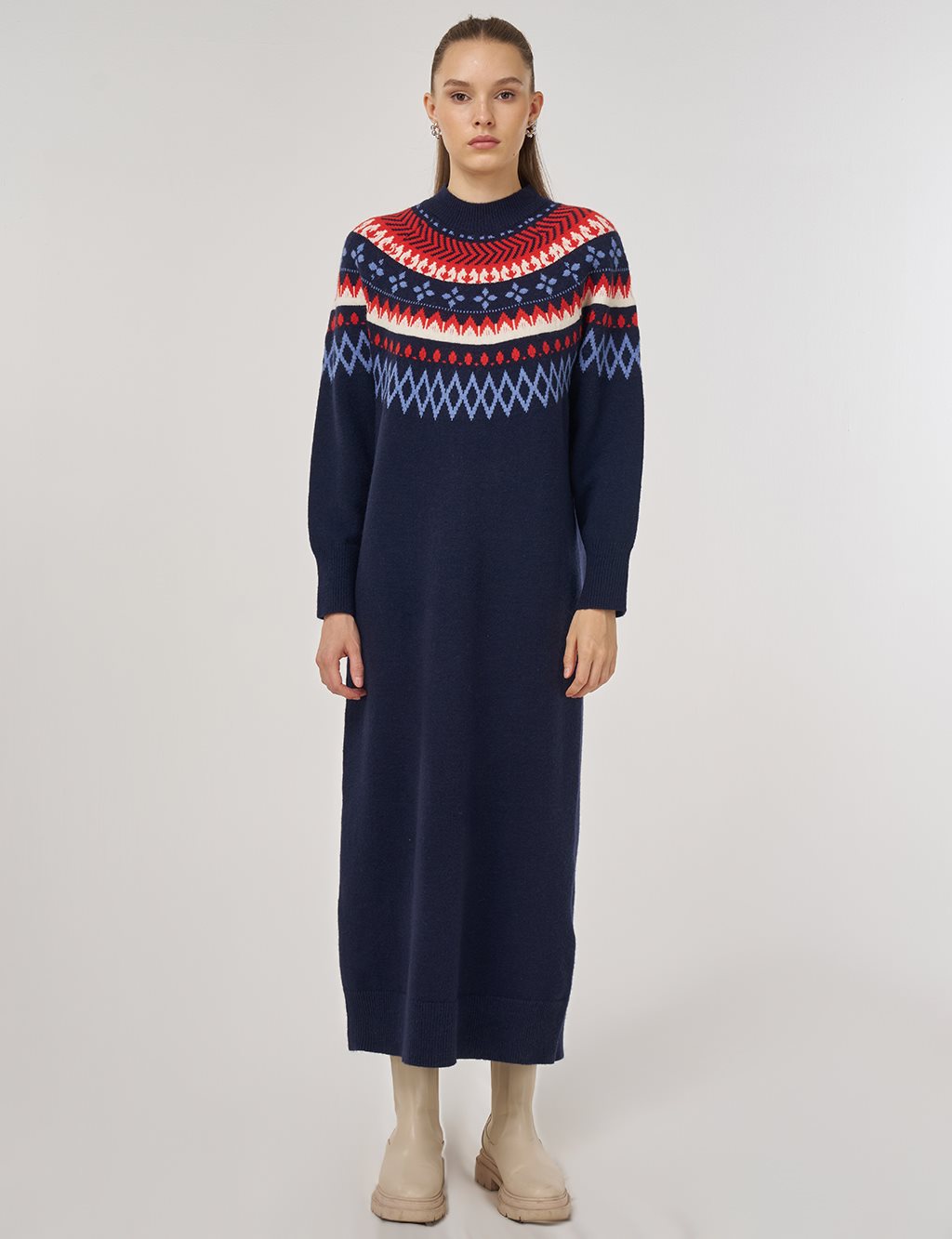 Patterned Knit Dress in Dark Navy