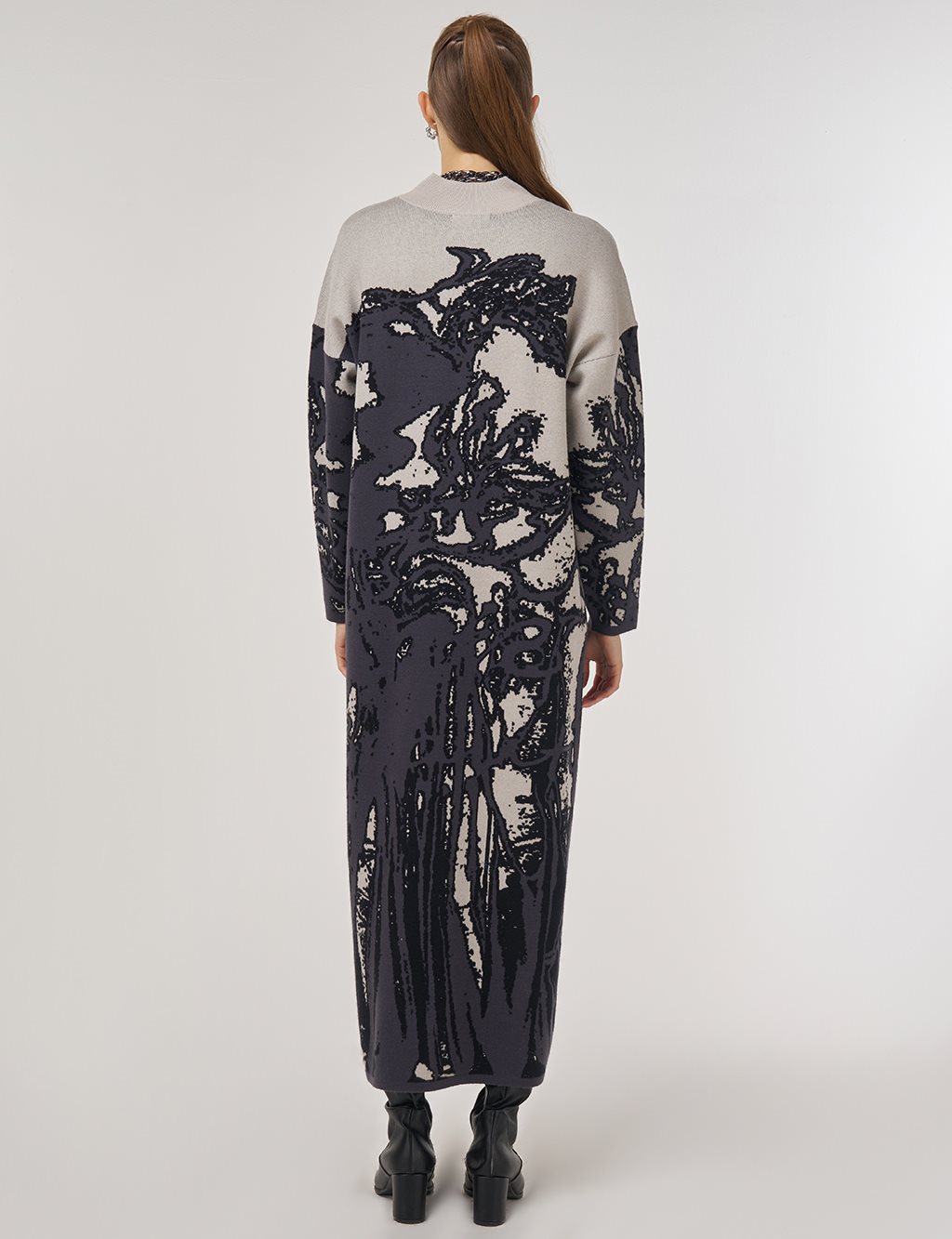 Soyut Desen Viskon Triko Elbise Siyah 