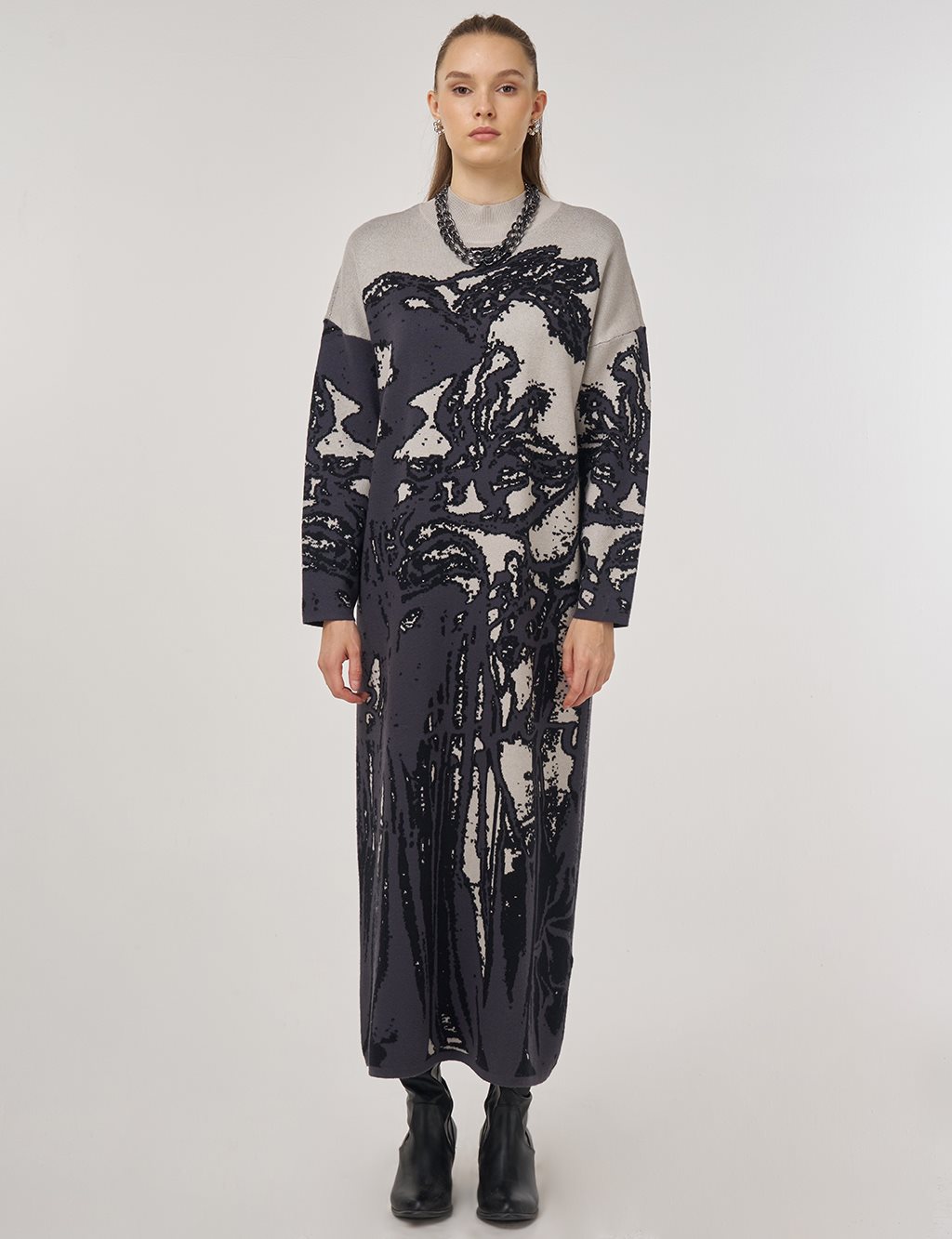 Soyut Desen Viskon Triko Elbise Siyah 