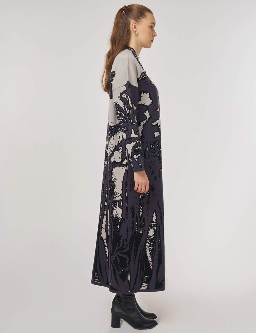 Soyut Desen Viskon Triko Elbise Siyah 