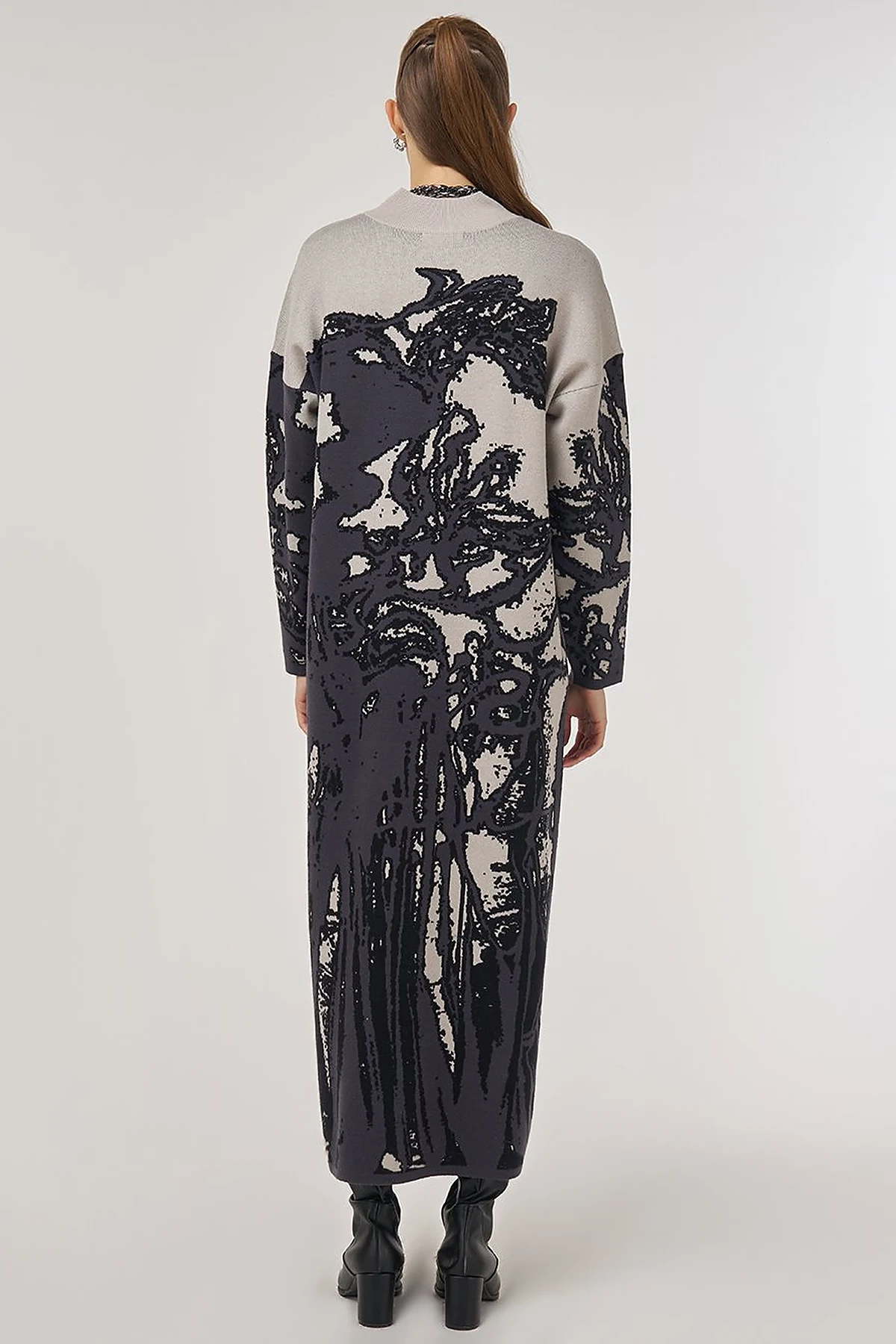 Abstract Patterned Viscose Knit Dress in Black
