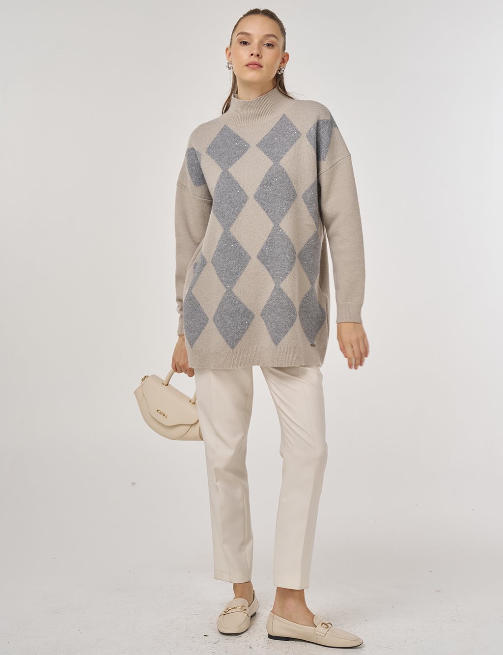 Argyle Pattern Knit Tunic Gray