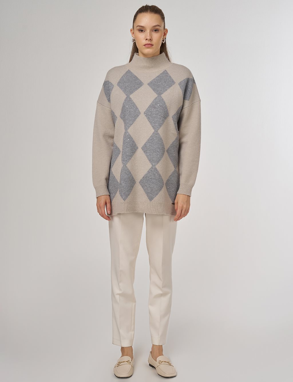 Argyle Pattern Knit Tunic Gray