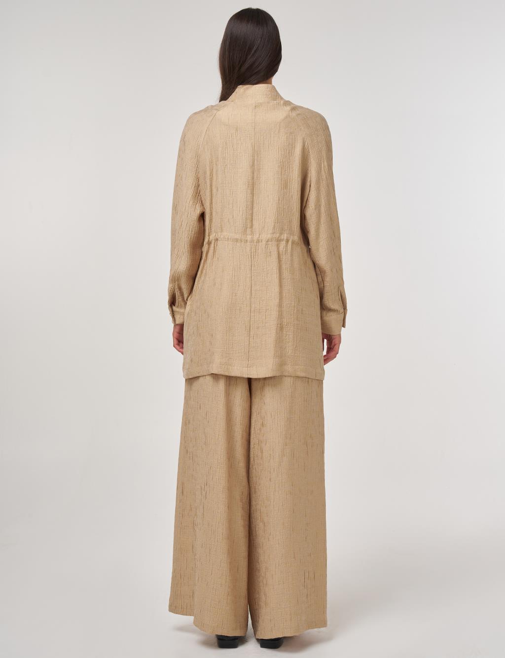 Shiny Button Lyocell Two-Piece Set Beige
