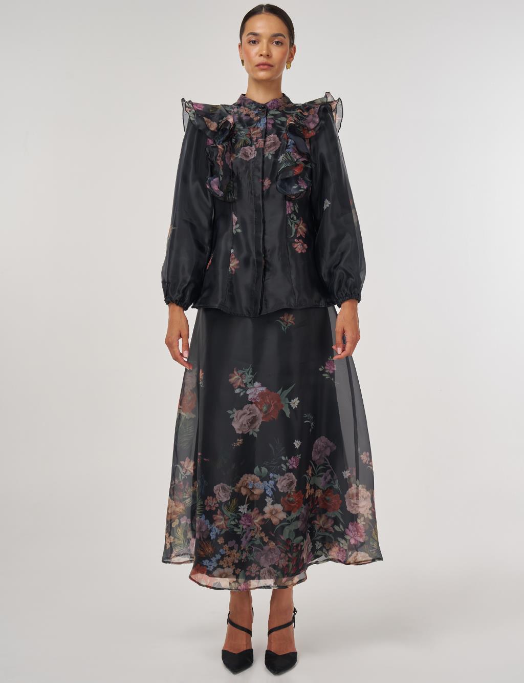 Floral Patterned Organza Set - Black