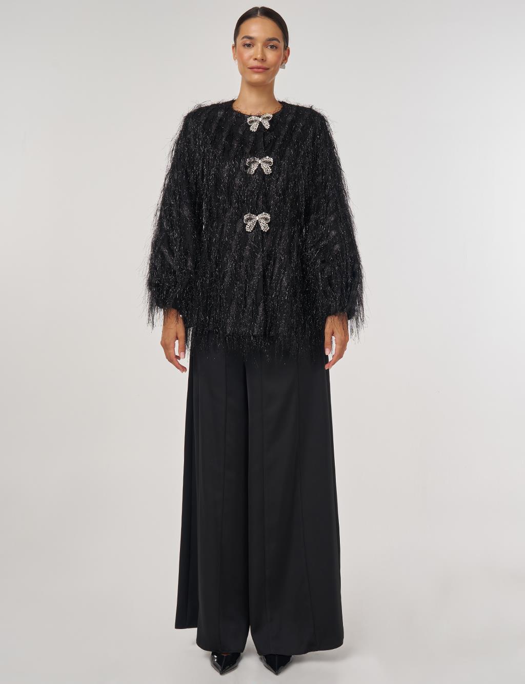Ribbon-Detail Tasselled Two-Piece Set - Black