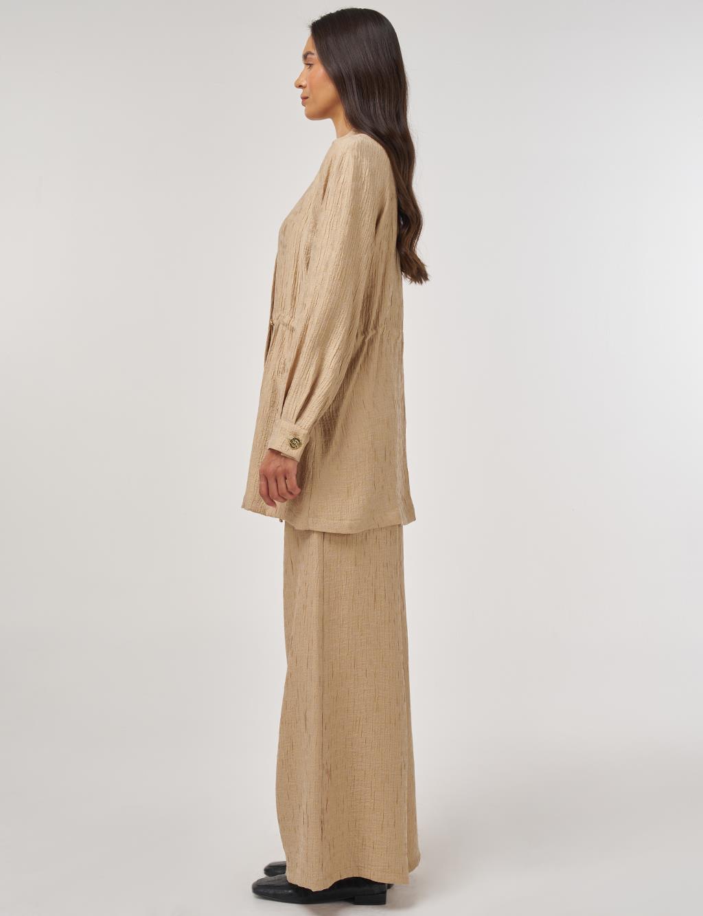 Shiny Button Lyocell Two-Piece Set Beige