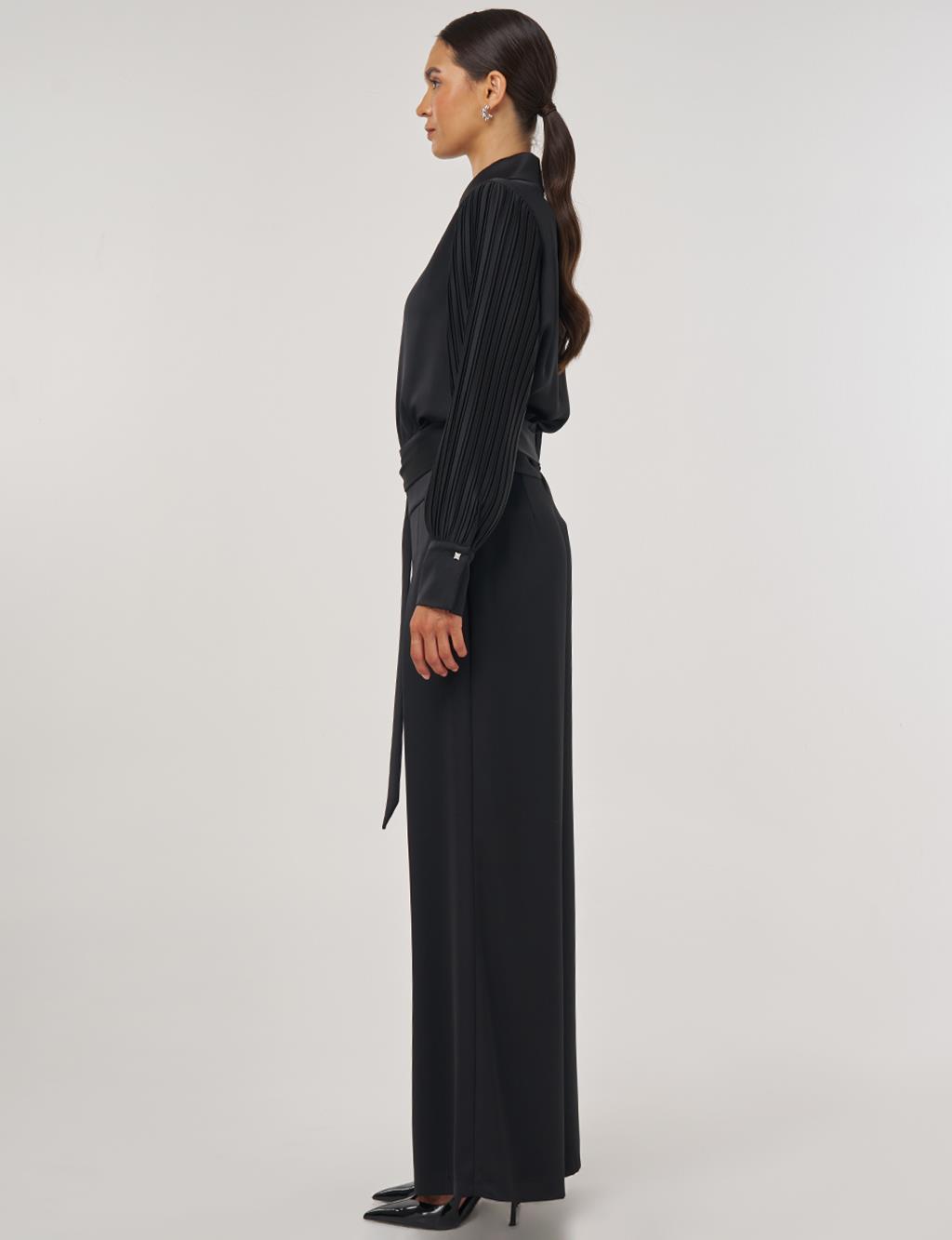 Waist-Knotted Satin Trousers - Black