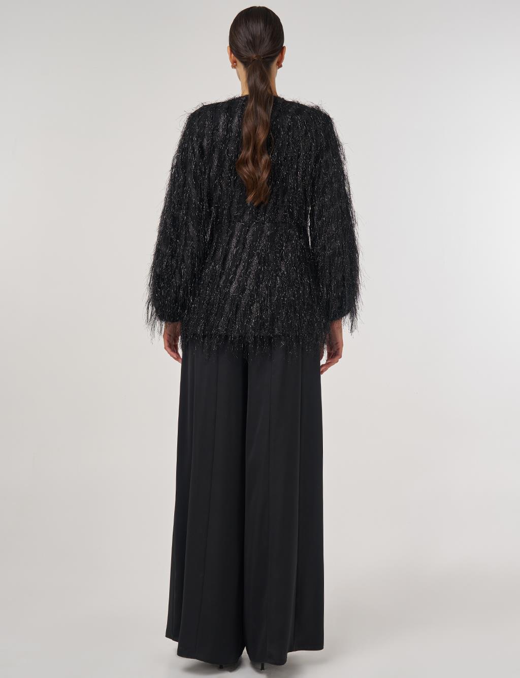 Ribbon-Detail Tasselled Two-Piece Set - Black