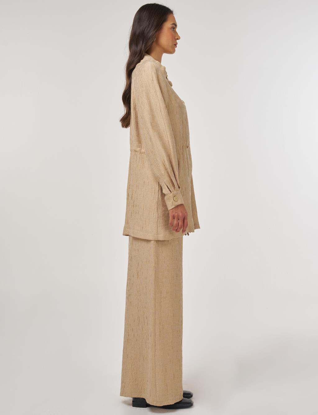 Shiny Button Lyocell Two-Piece Set Beige