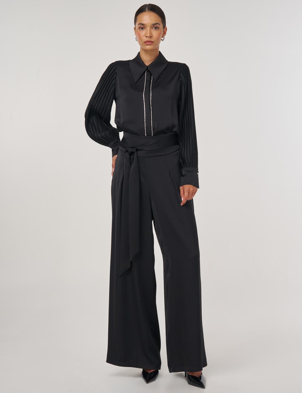 Waist-Knotted Satin Trousers - Black