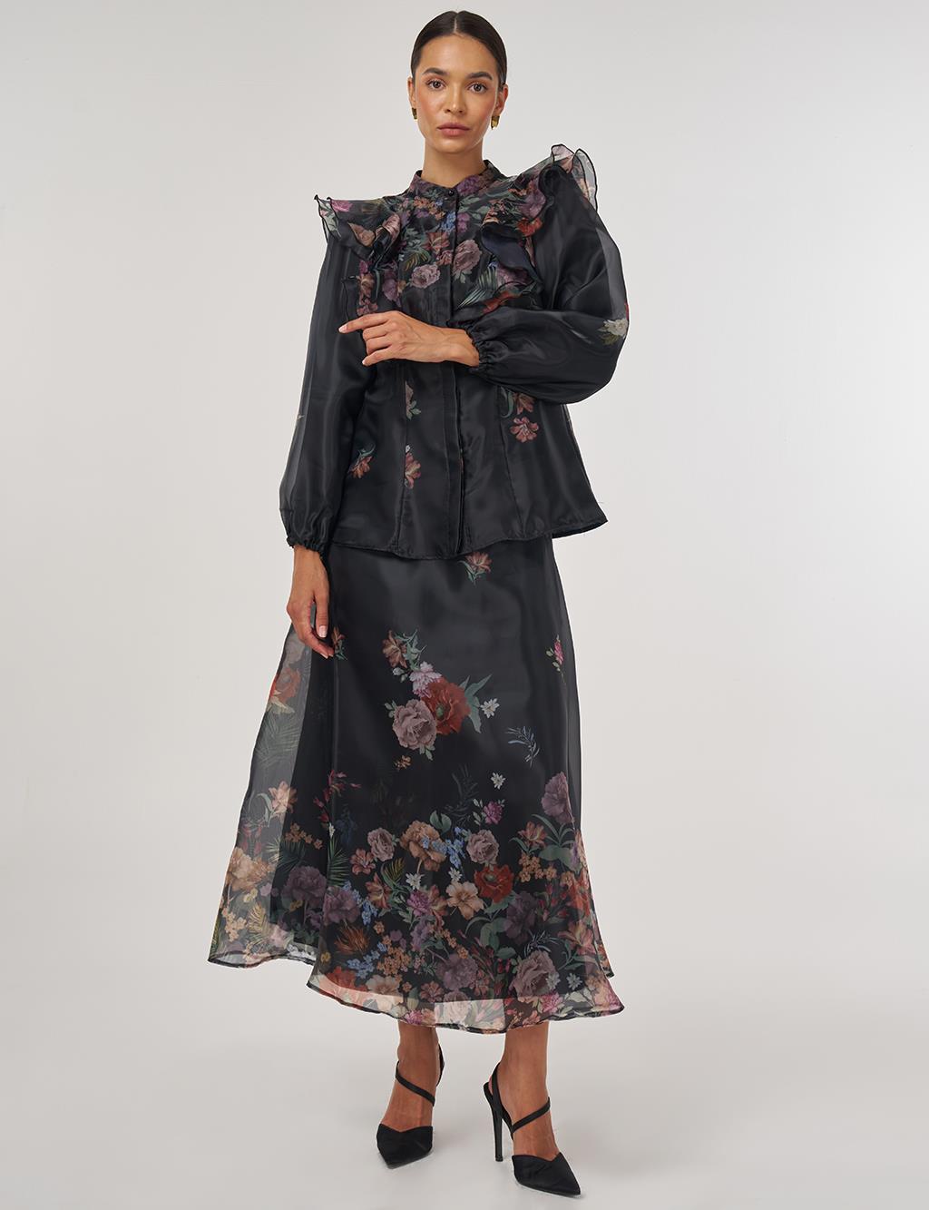 Floral Patterned Organza Set - Black
