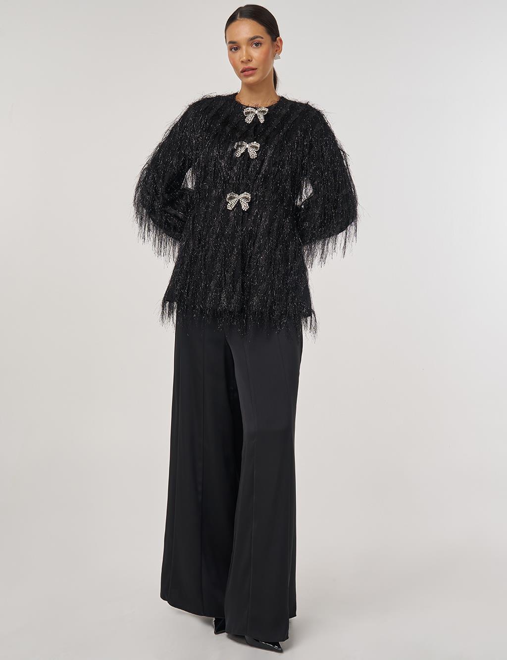 Ribbon-Detail Tasselled Two-Piece Set - Black