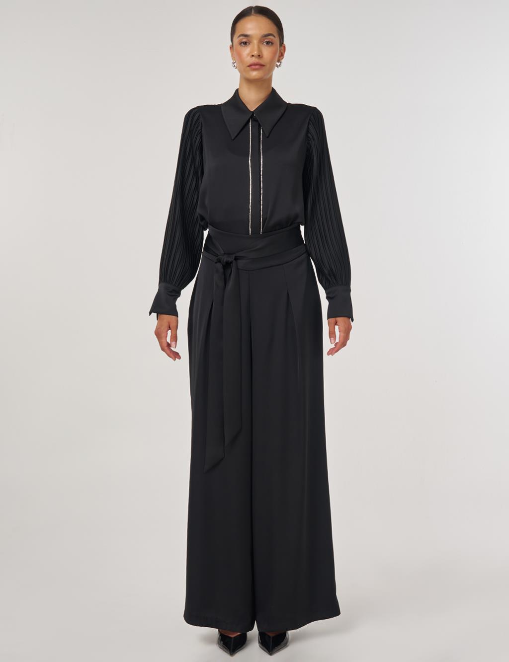 Waist-Knotted Satin Trousers - Black