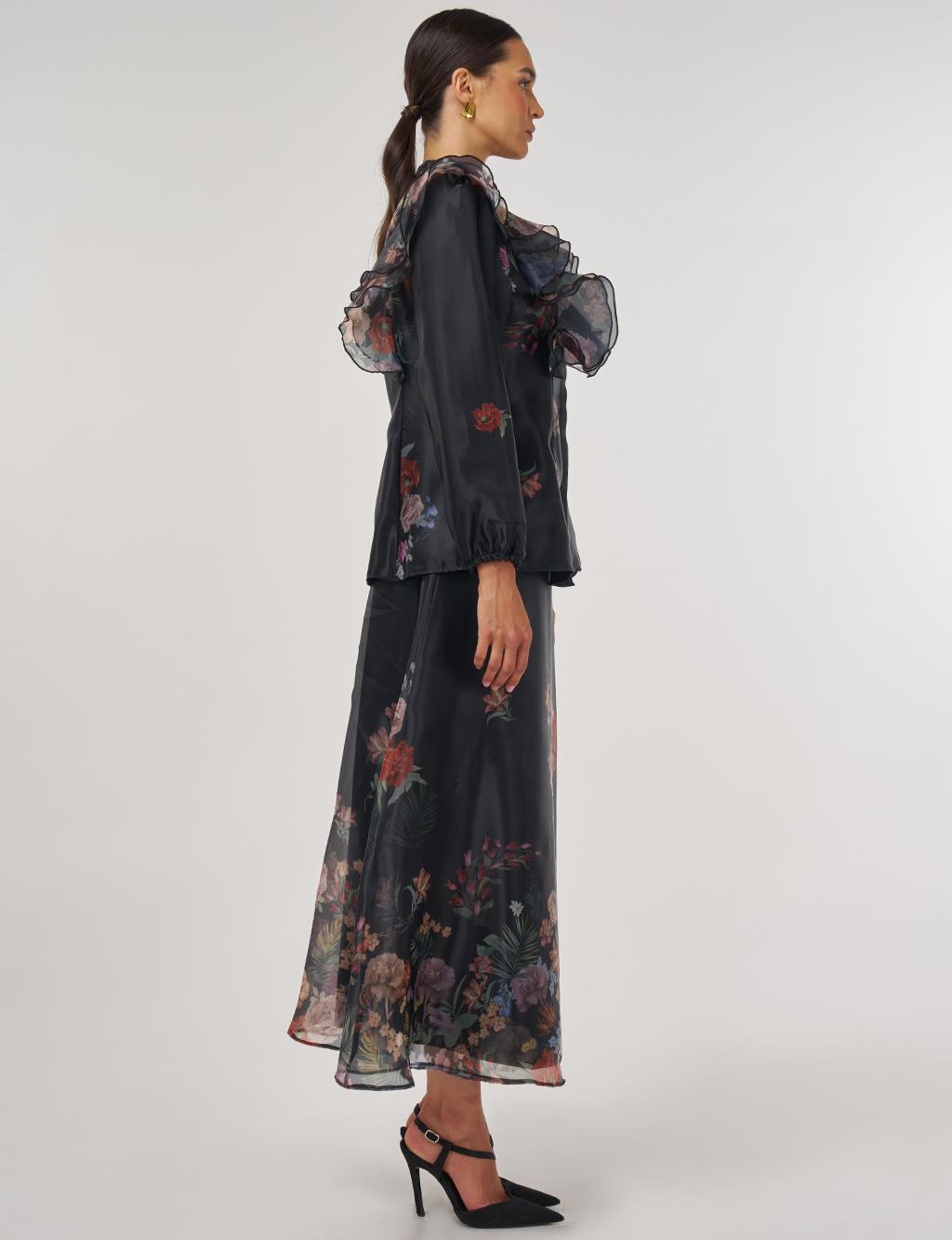Floral Patterned Organza Set - Black