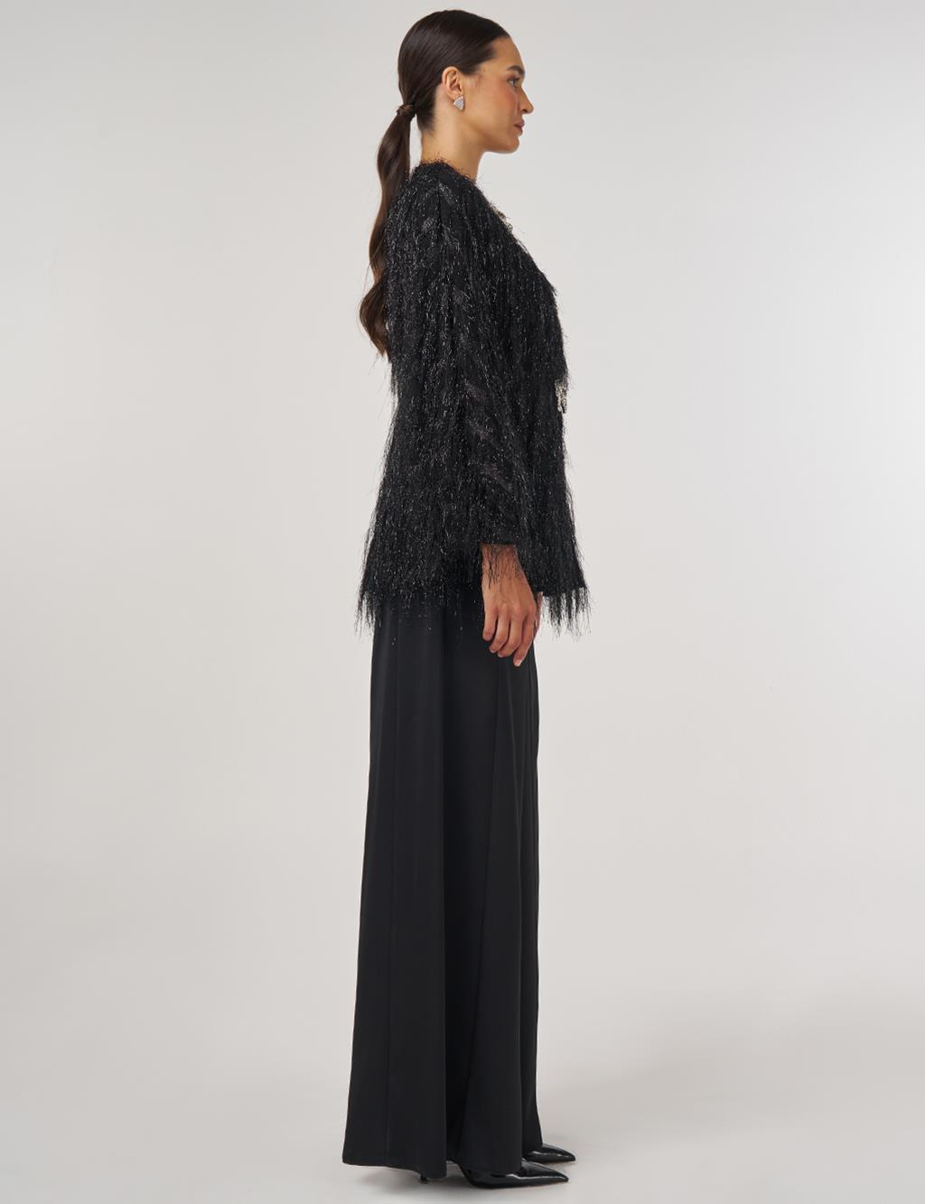 Ribbon-Detail Tasselled Two-Piece Set - Black