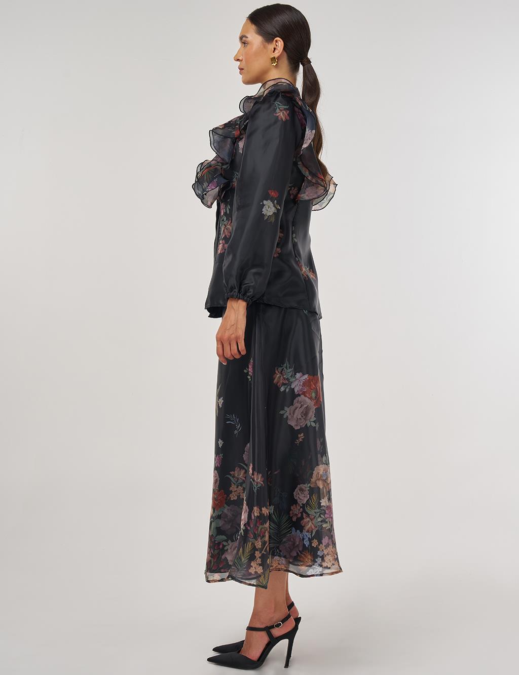 Floral Patterned Organza Set - Black