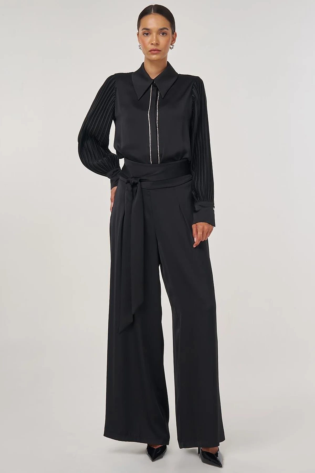 Waist-Knotted Satin Trousers - Black