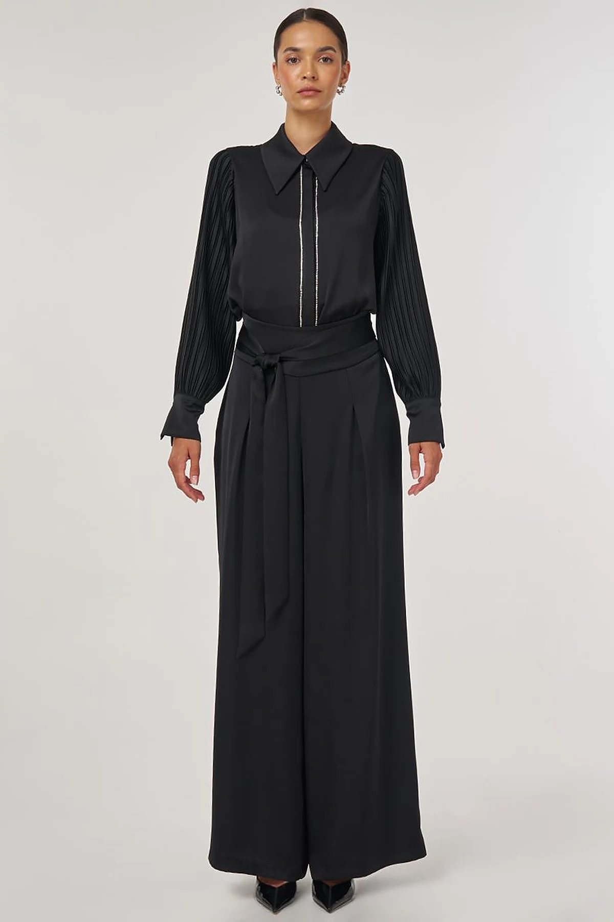 Waist-Knotted Satin Trousers - Black
