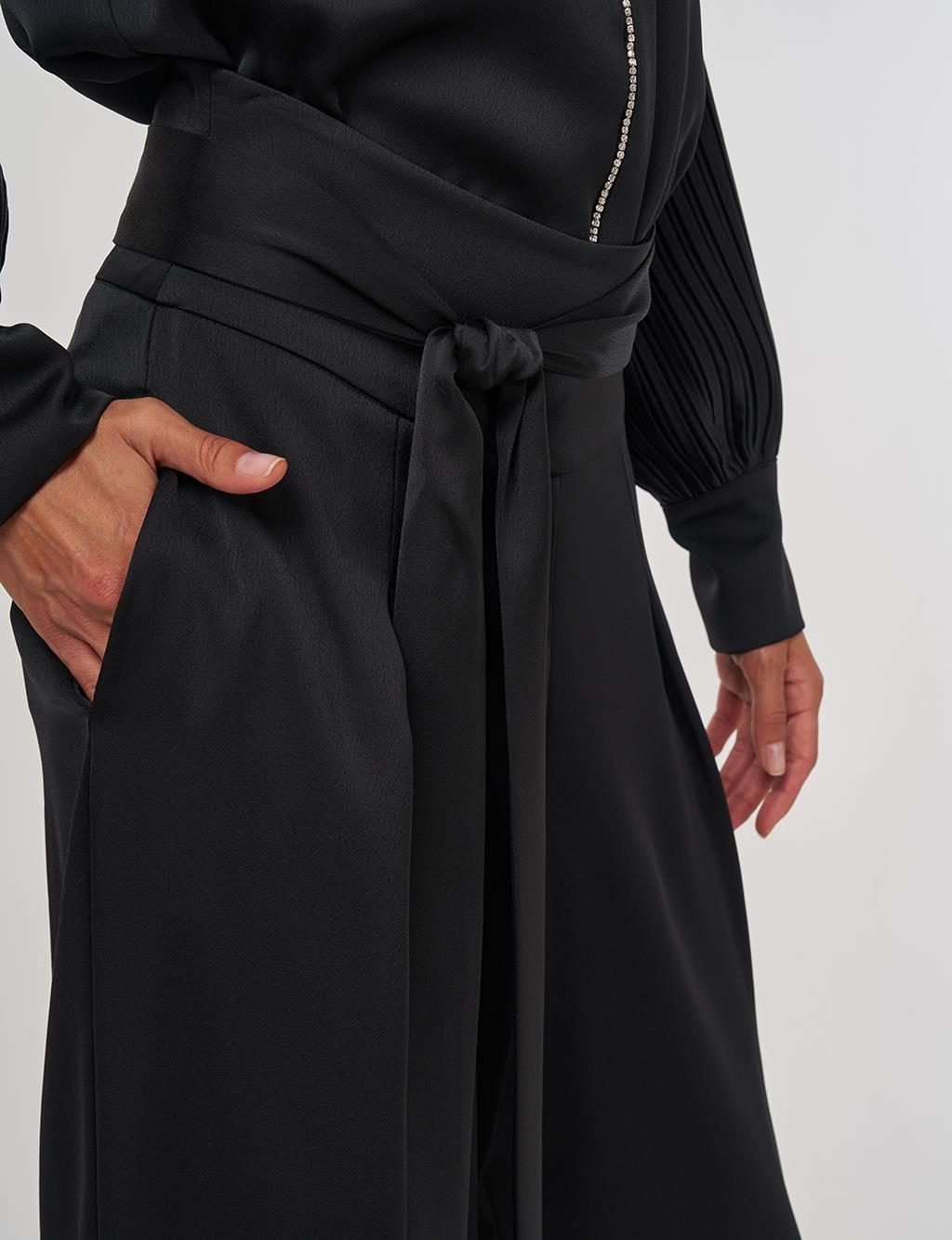Waist-Knotted Satin Trousers - Black