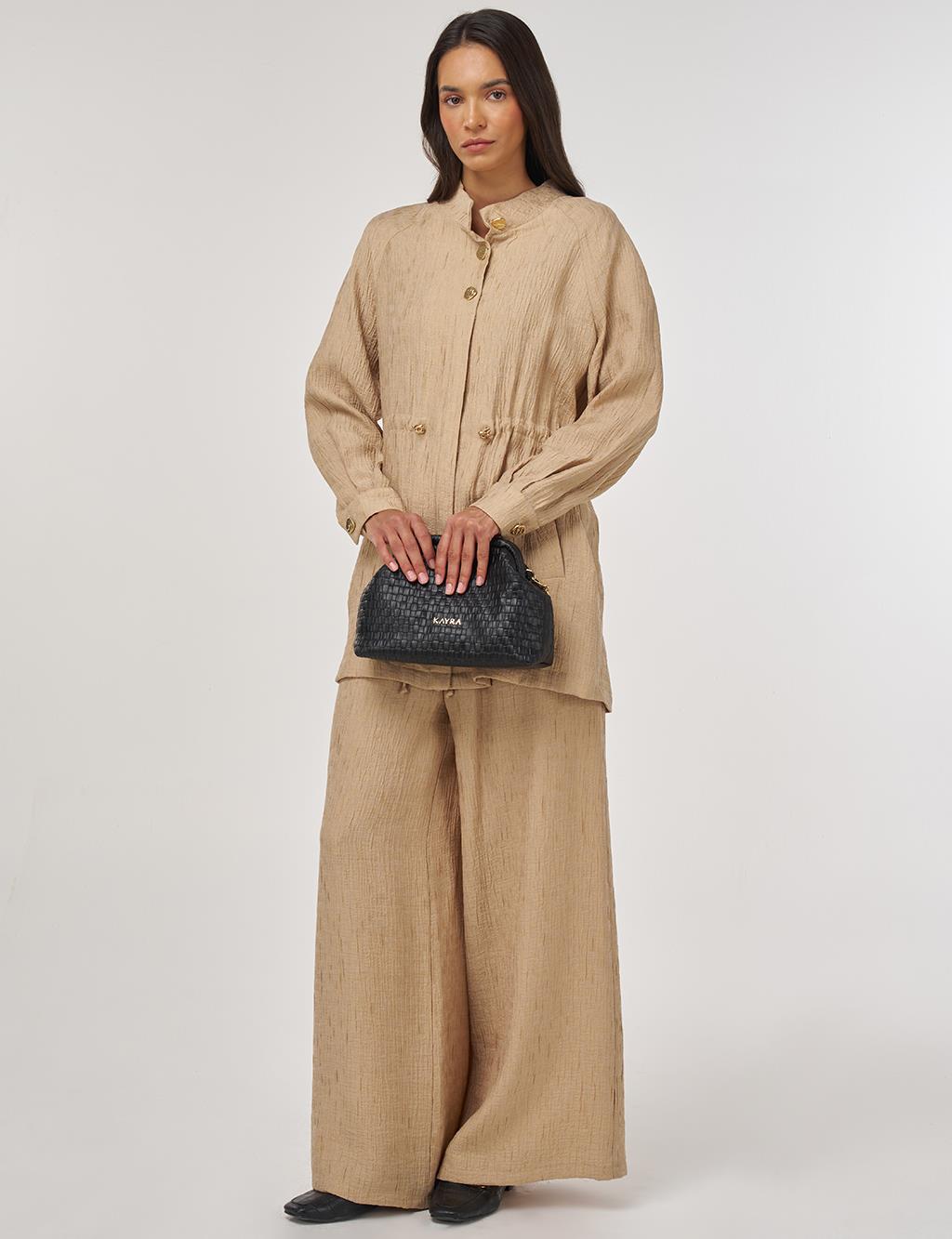 Shiny Button Lyocell Two-Piece Set Beige