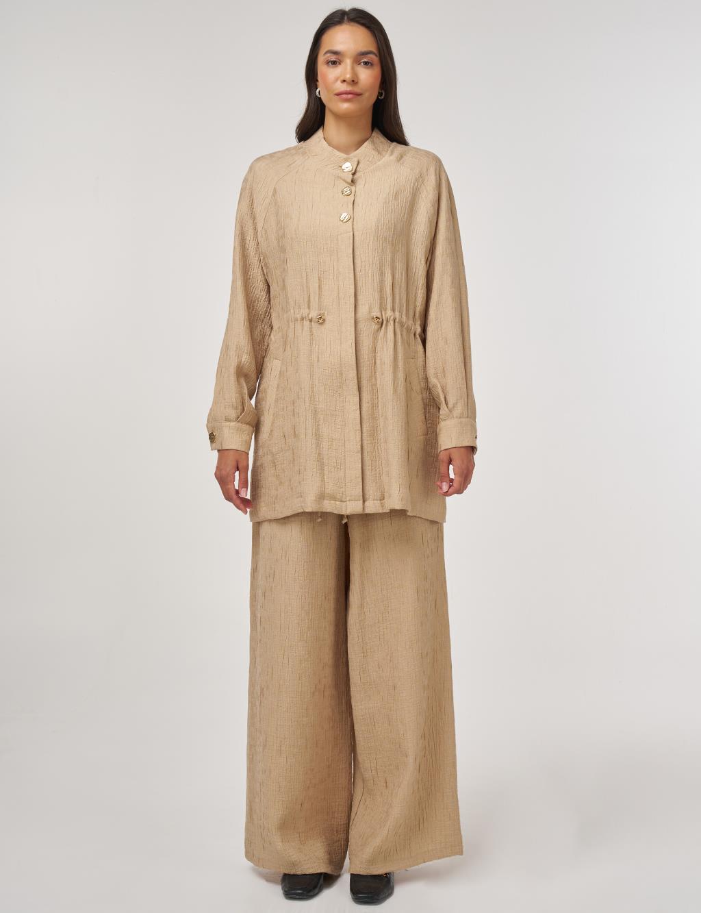 Shiny Button Lyocell Two-Piece Set Beige