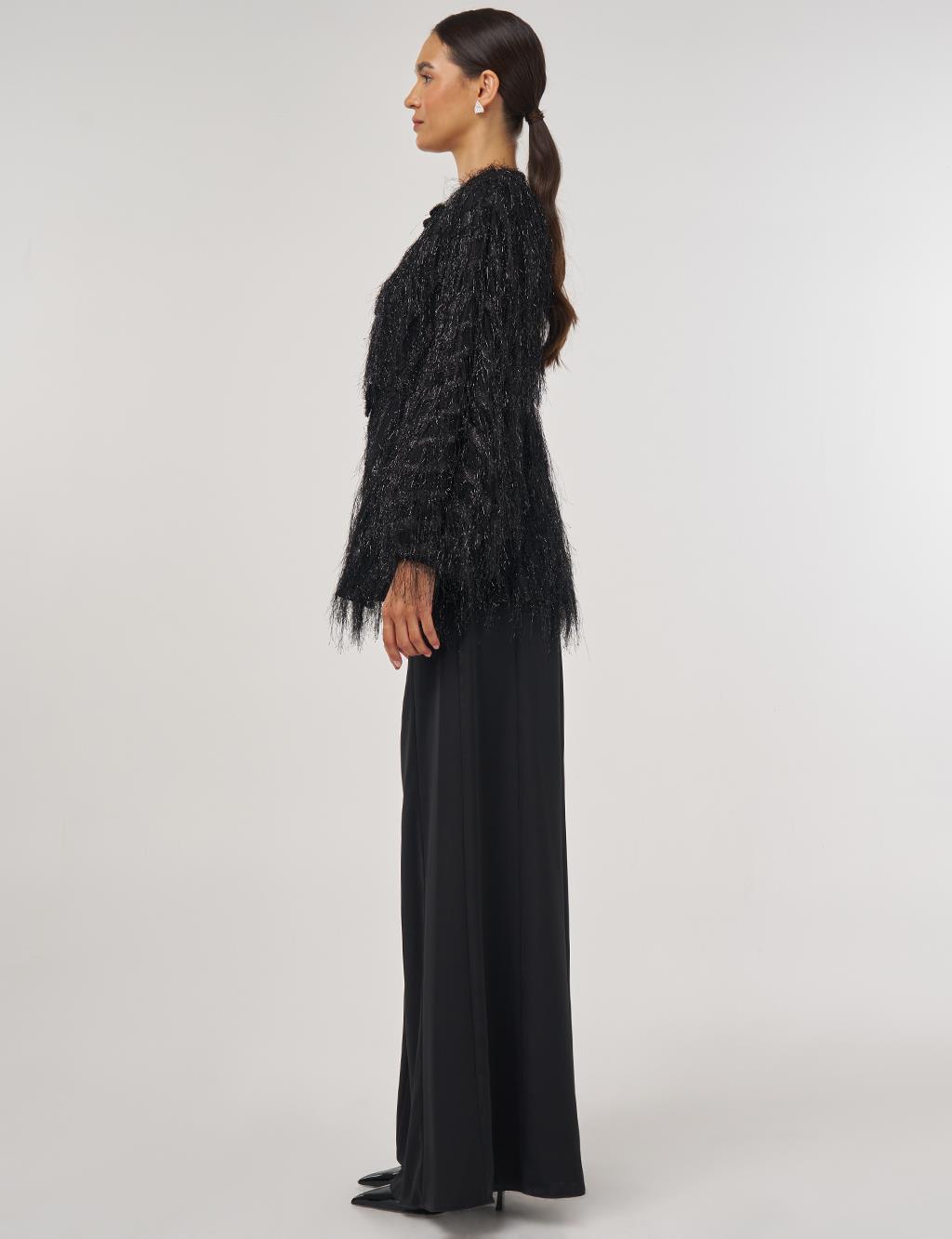 Ribbon-Detail Tasselled Two-Piece Set - Black