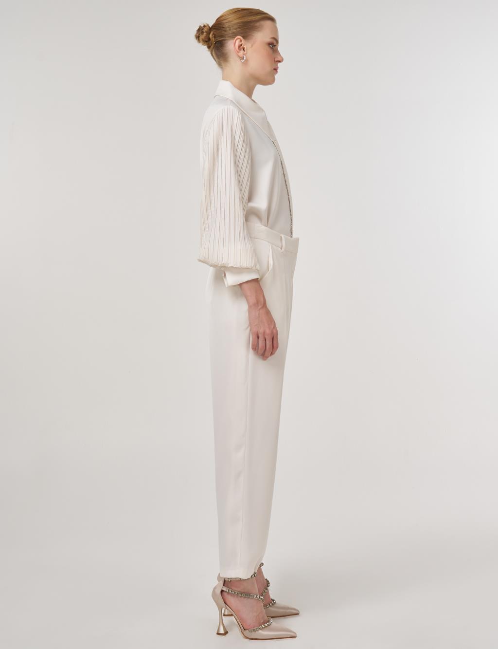 Pleated Satin Pants Ecru