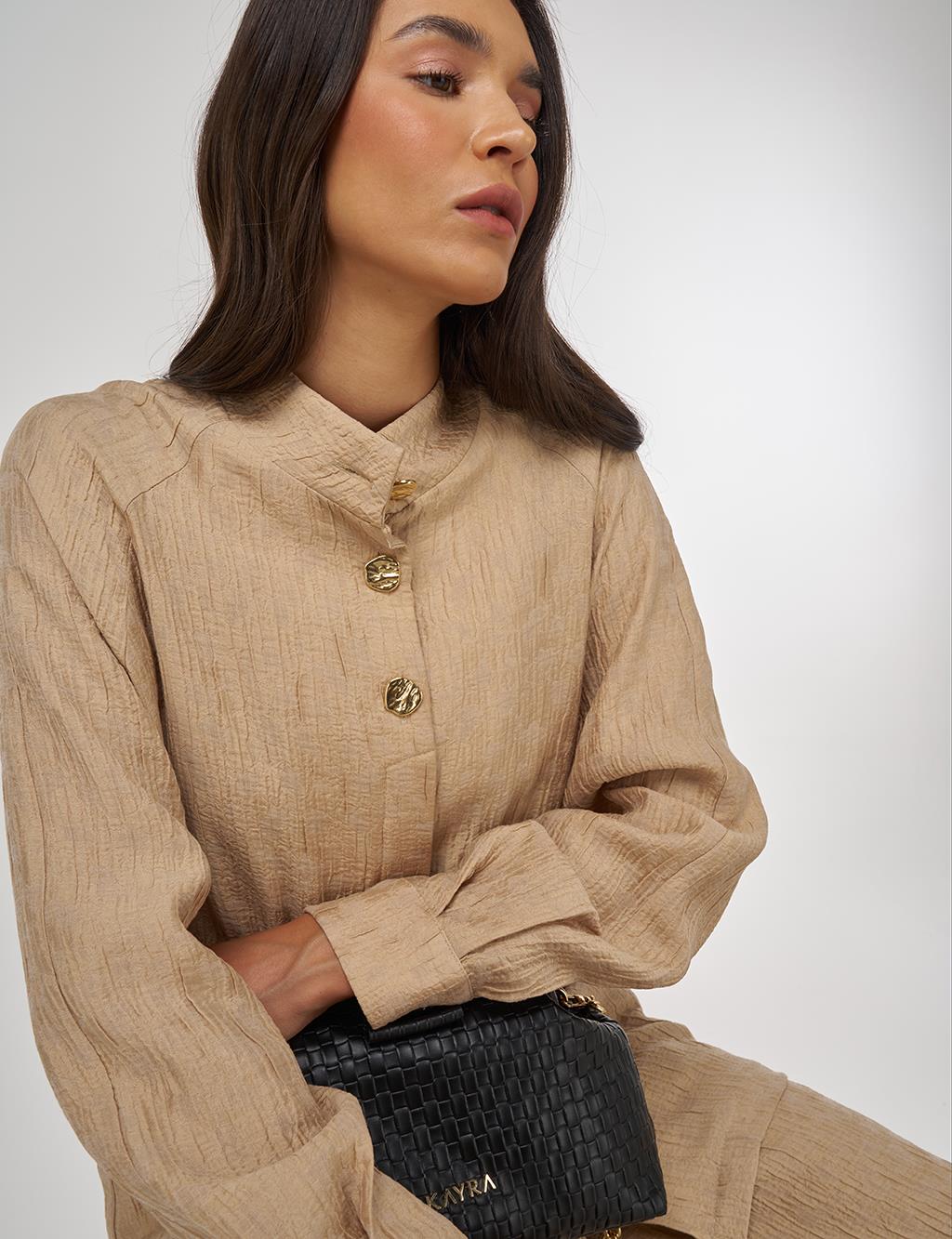 Shiny Button Lyocell Two-Piece Set Beige