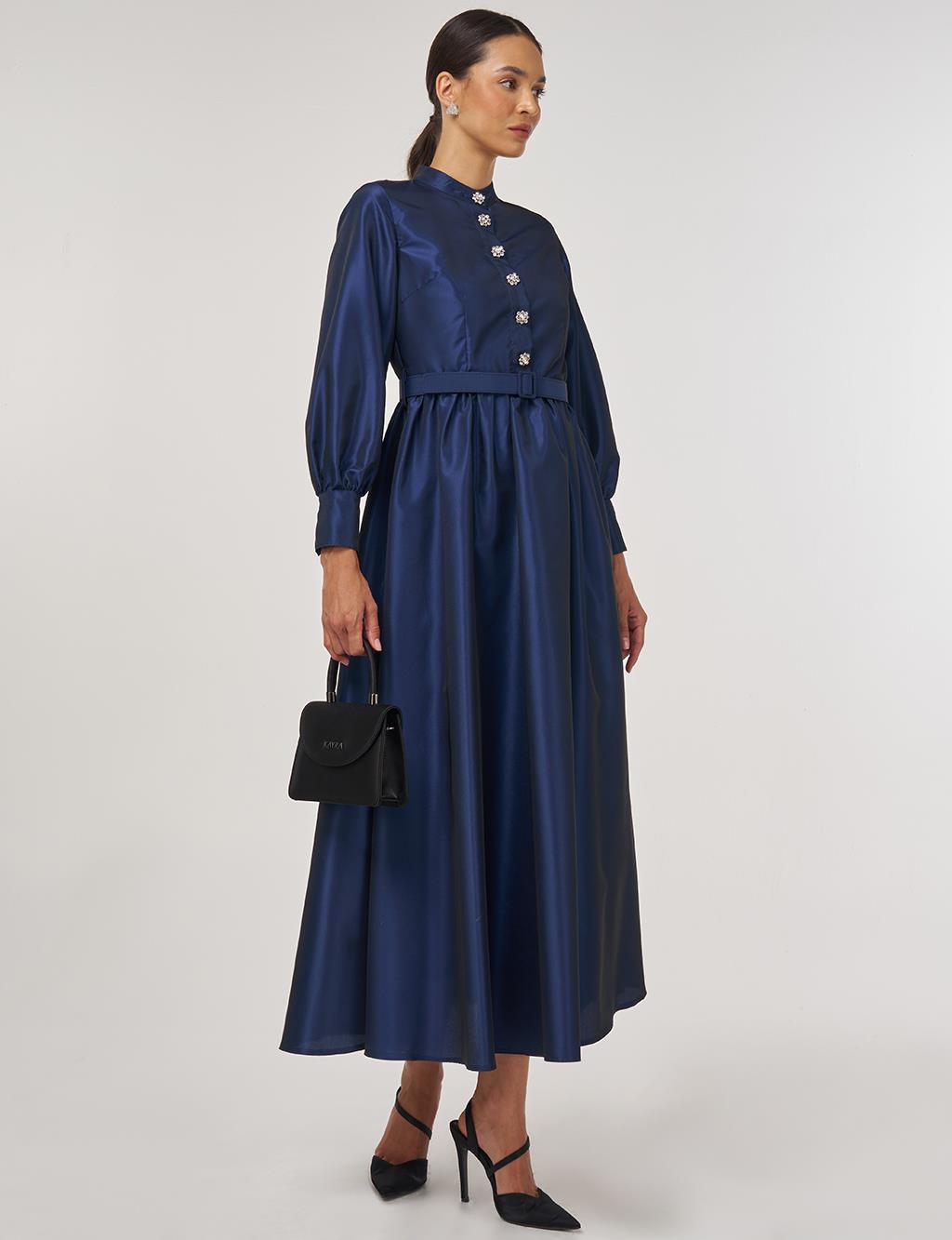 Belted Taffeta Dress Navy 