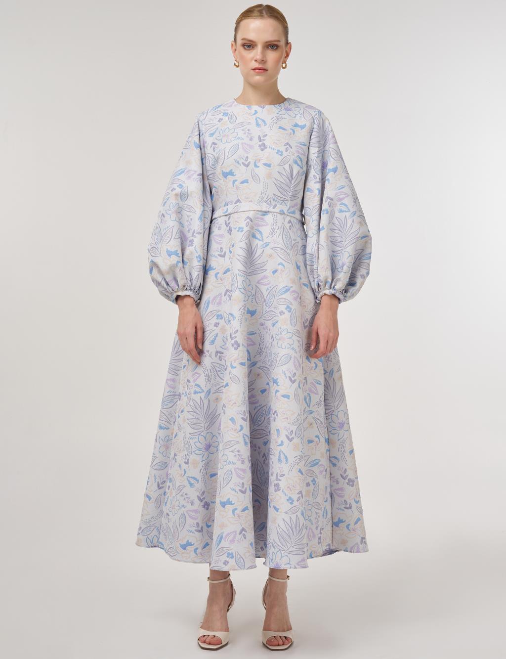 Balloon Sleeve Jacquard Dress Air Force Blue