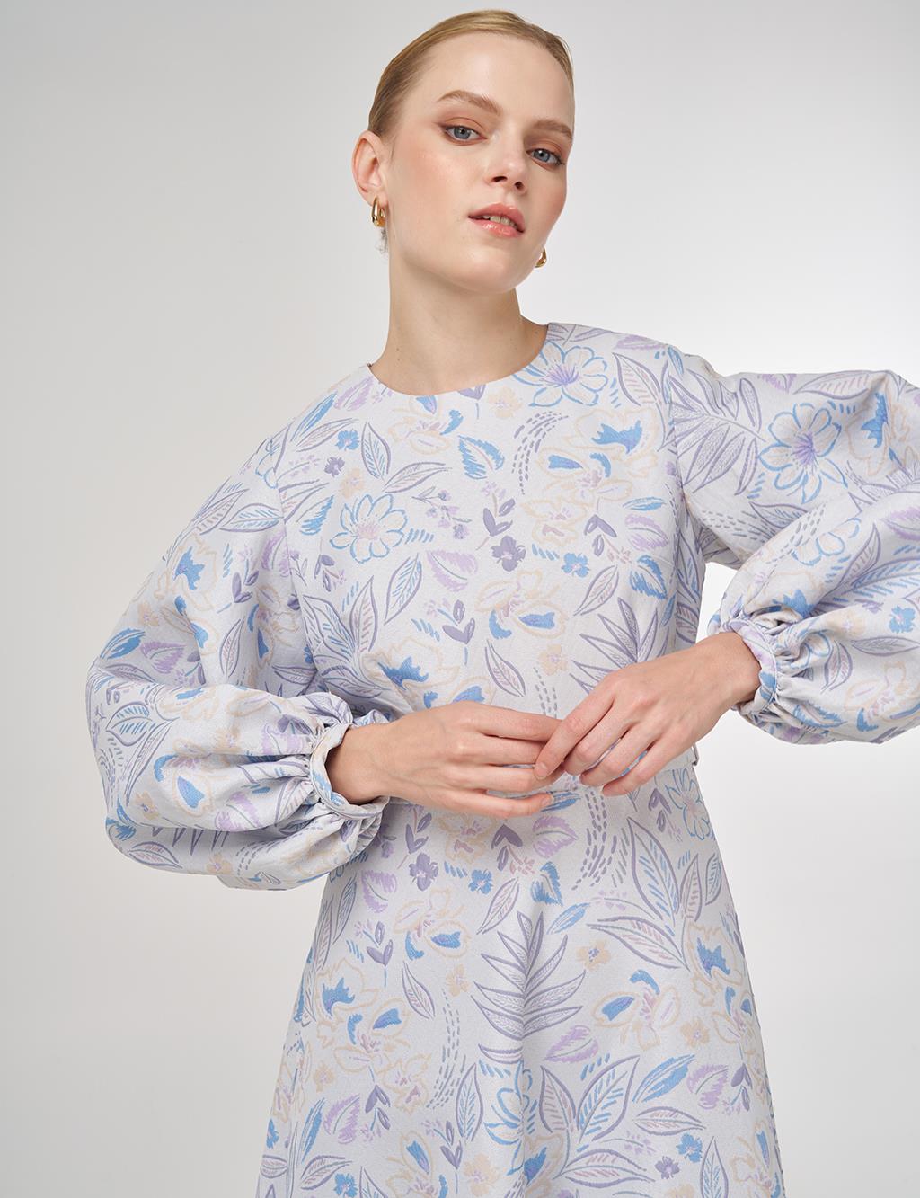 Balloon Sleeve Jacquard Dress Air Force Blue
