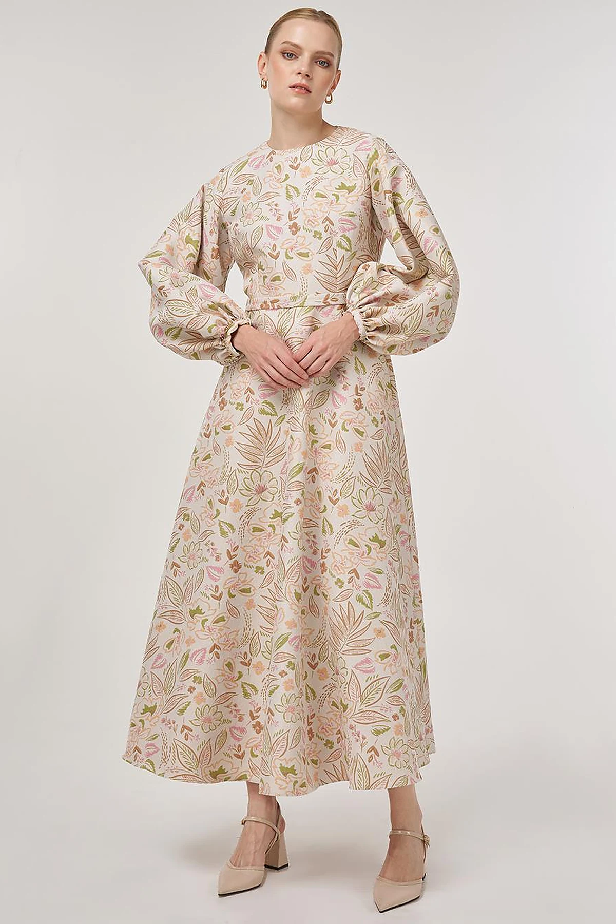 Balloon Sleeve Jacquard Dress Pistachio Green
