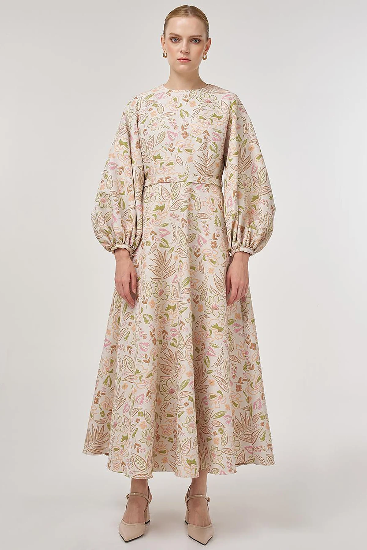 Balloon Sleeve Jacquard Dress Pistachio Green