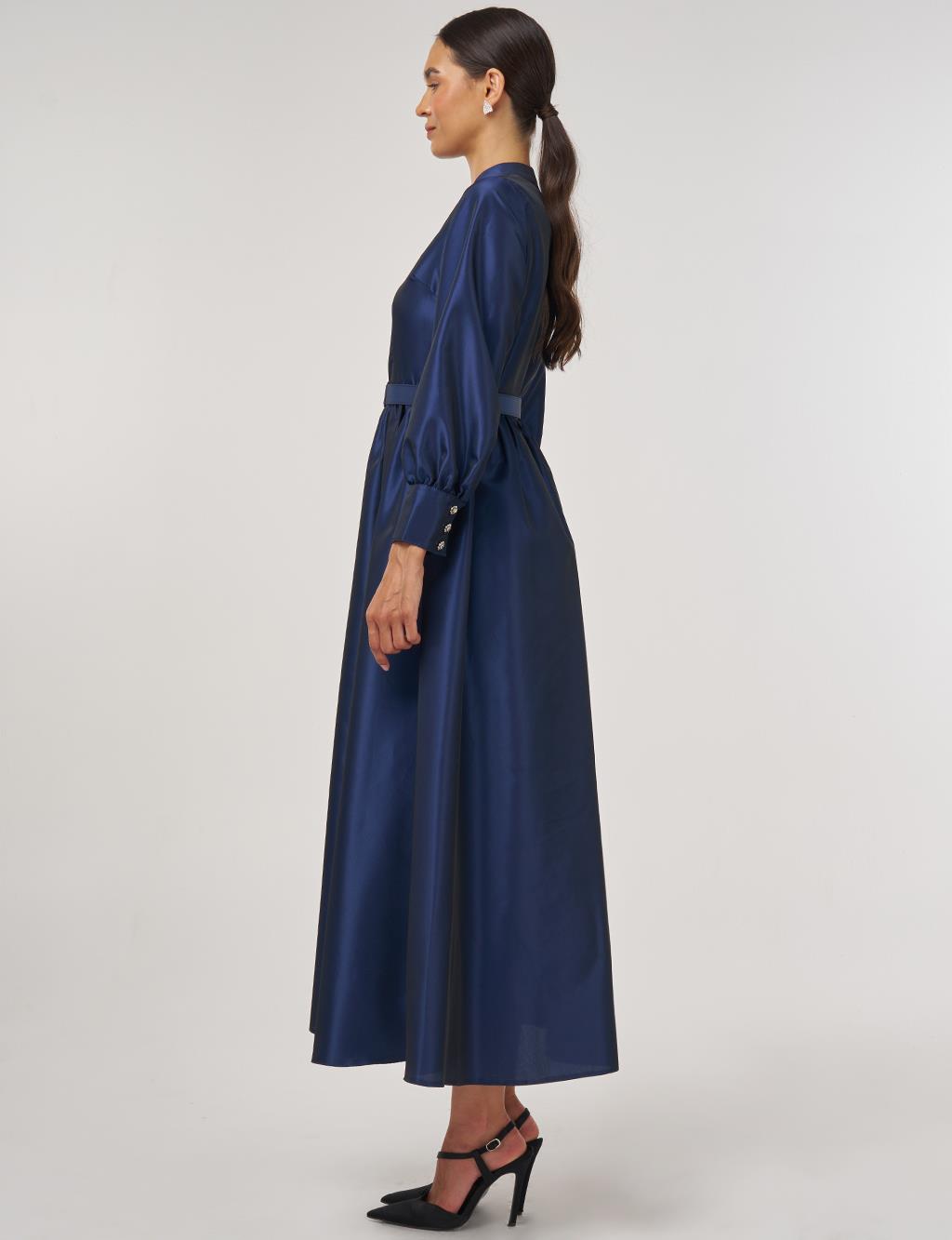 Belted Taffeta Dress Navy 