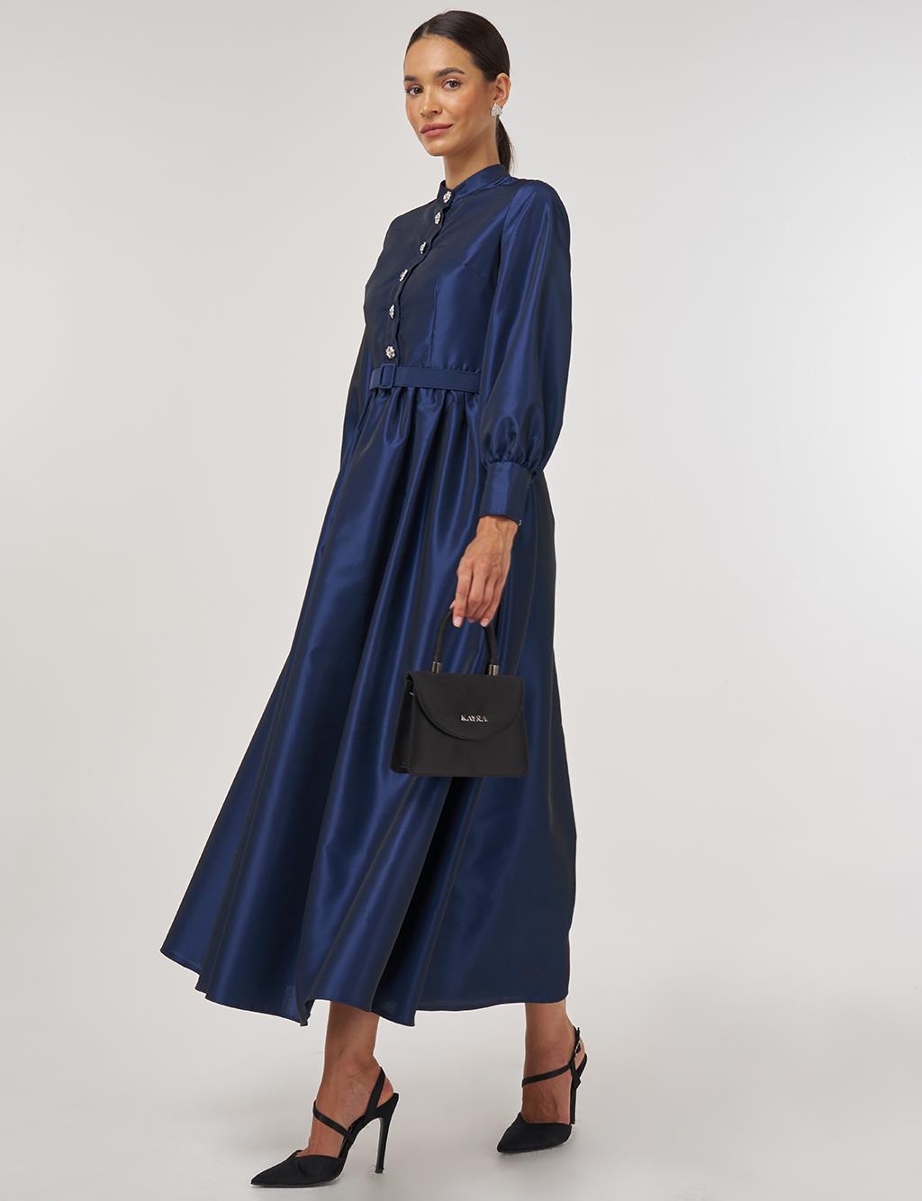 Belted Taffeta Dress Navy 