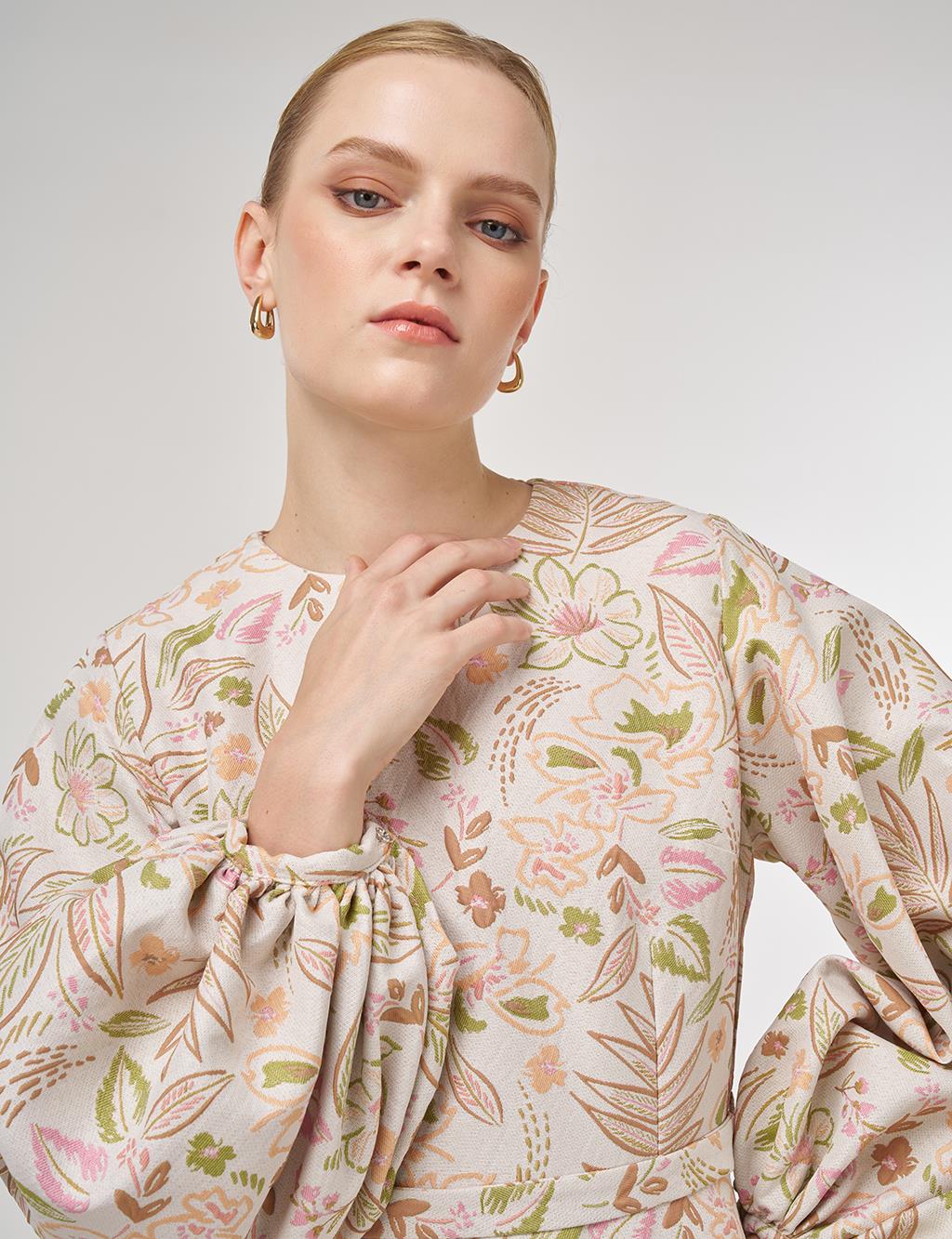Balloon Sleeve Jacquard Dress Pistachio Green