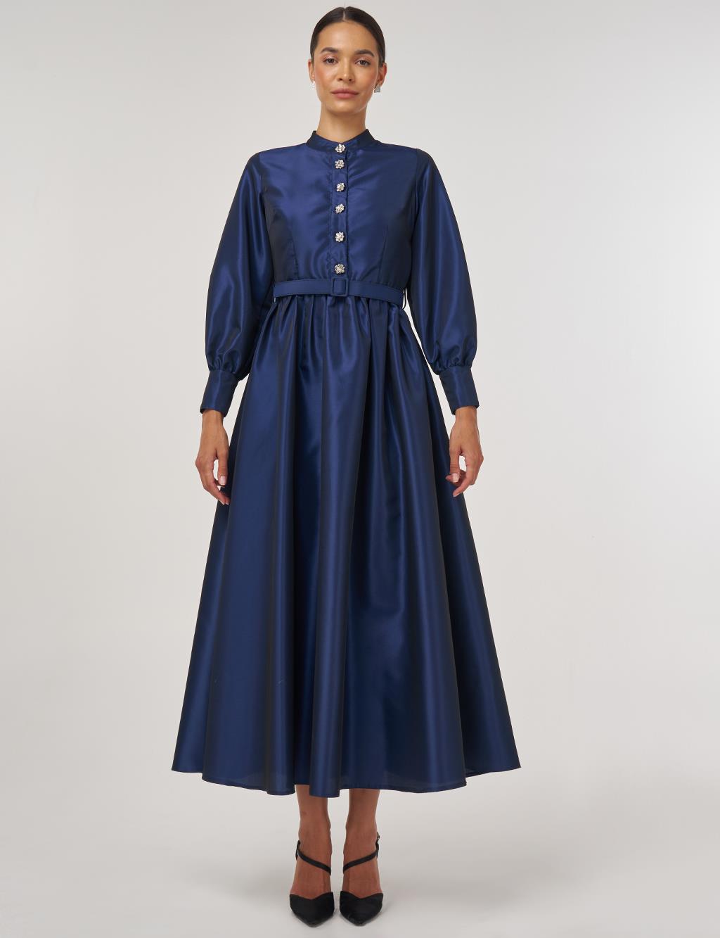 Belted Taffeta Dress Navy 